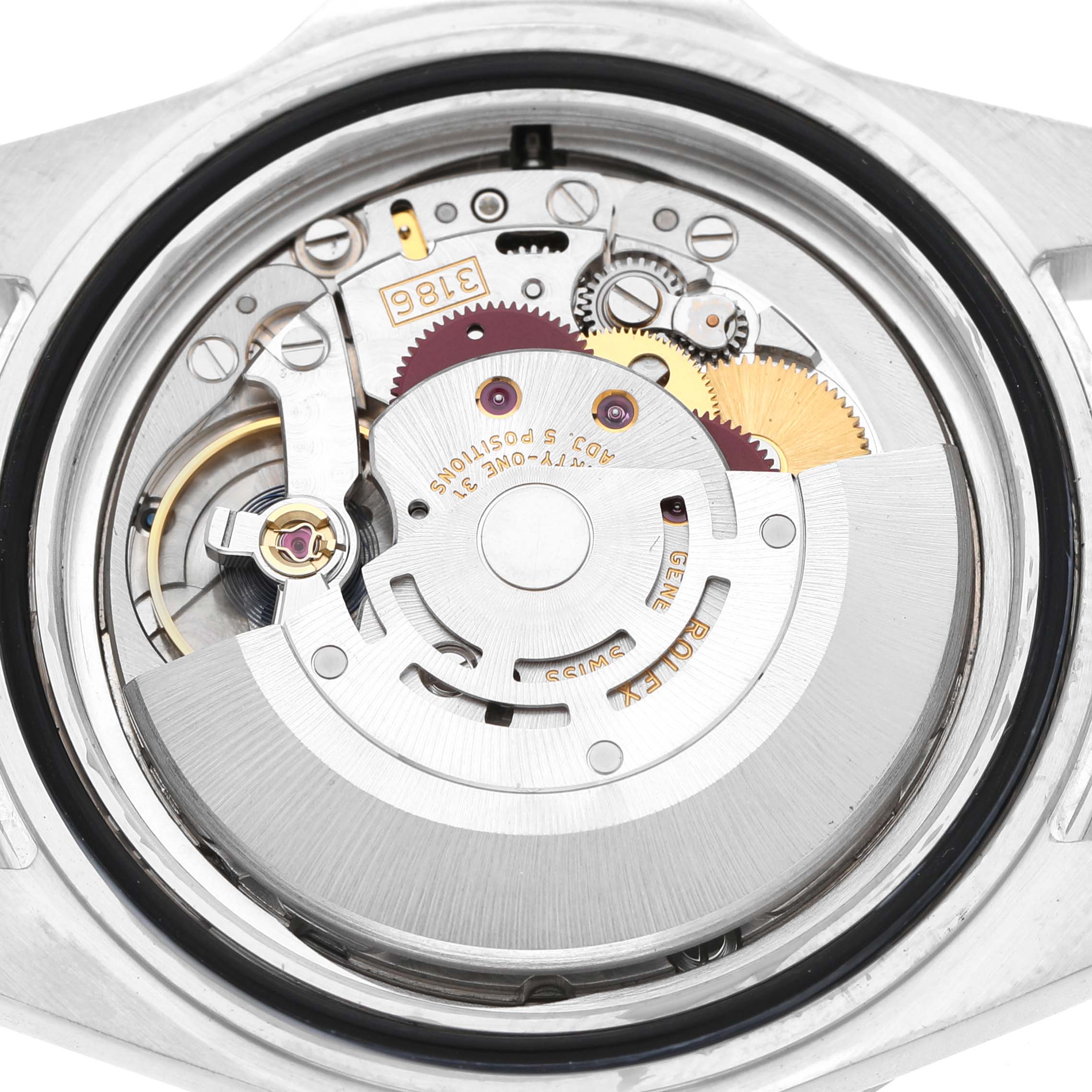 The image shows the back view of a Rolex Explorer 16570 Men's Stainless Steel White Dial watch, highlighting its internal movement and rotor.