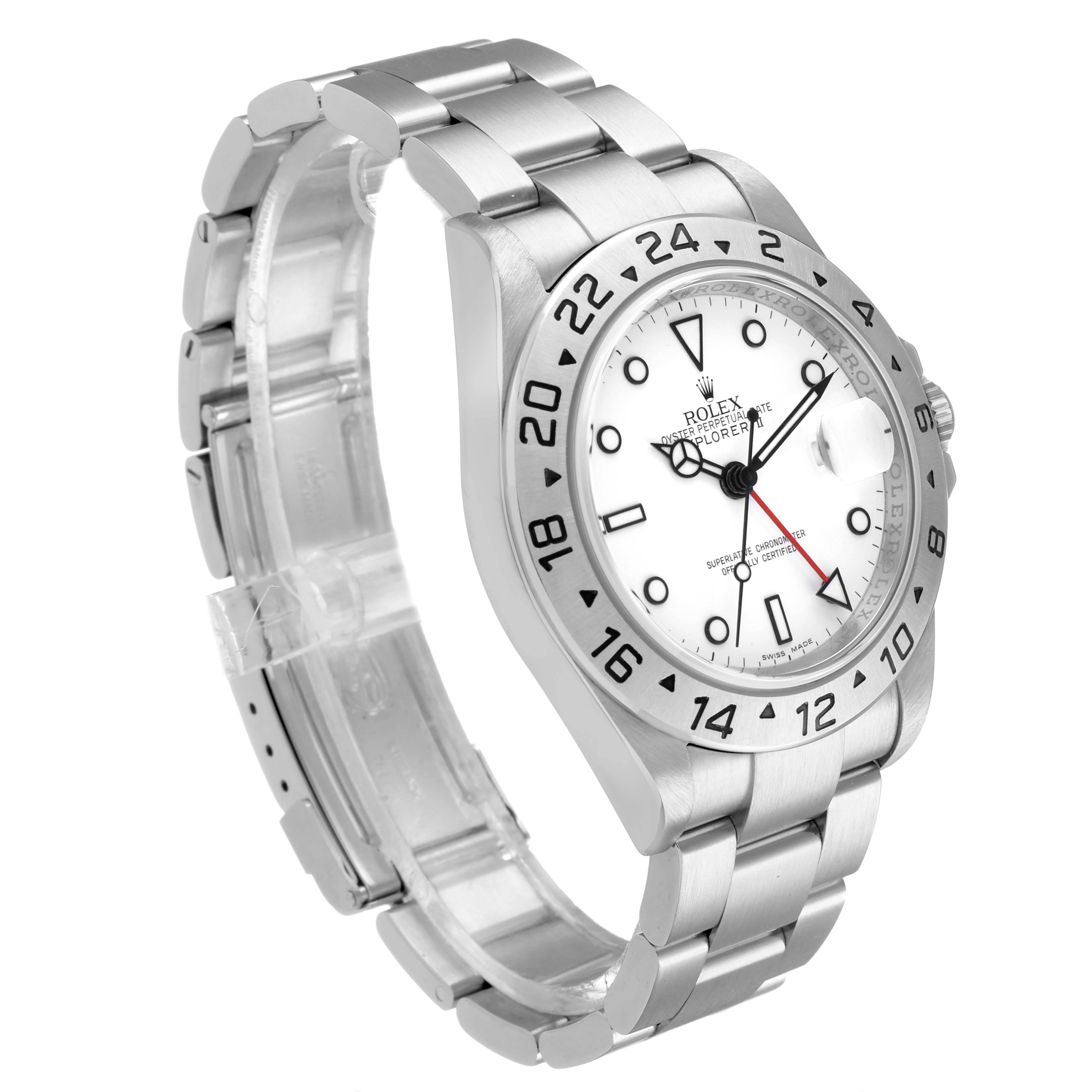 The Rolex Explorer 16570 Men's Stainless Steel White Dial watch is shown at a slight angle, displaying the face, bezel, and part of the bracelet.