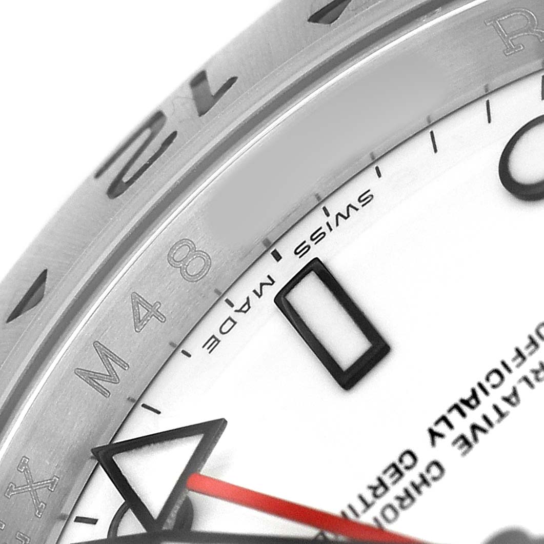 The image shows a close-up of the Rolex Explorer 16570 Men's Stainless Steel White Dial model's bezel, dial, and hands.