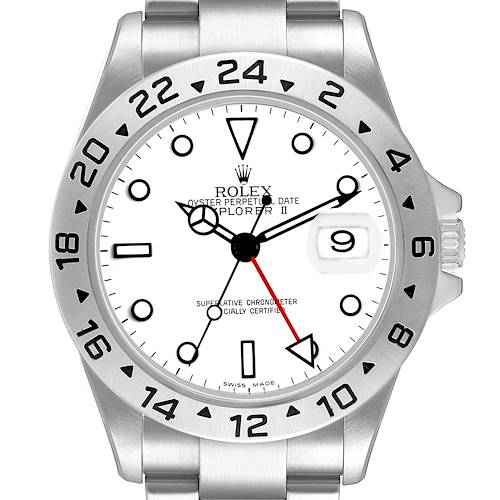 This image shows a front view of the Rolex Explorer 16570 Men's Stainless Steel White Dial II watch, displaying the dial, bezel, hands, and bracelet.