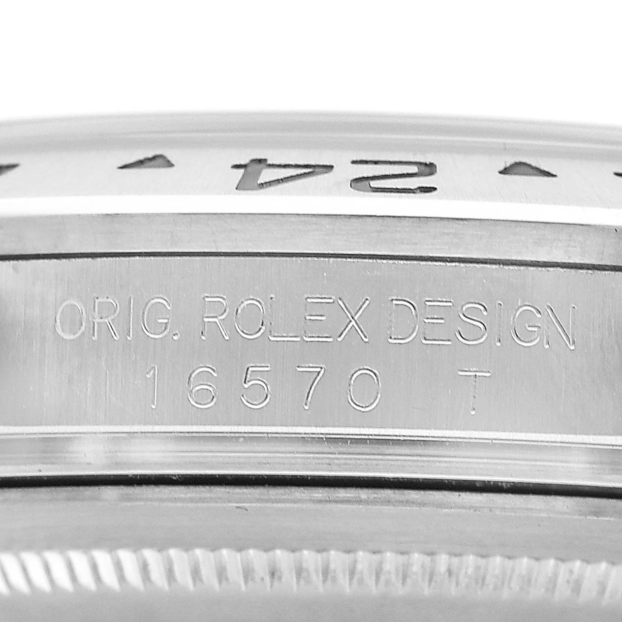 The image shows an angled close-up of the case side of the Rolex Explorer 16570 Men's Stainless Steel White Dial, displaying the model number 16570.