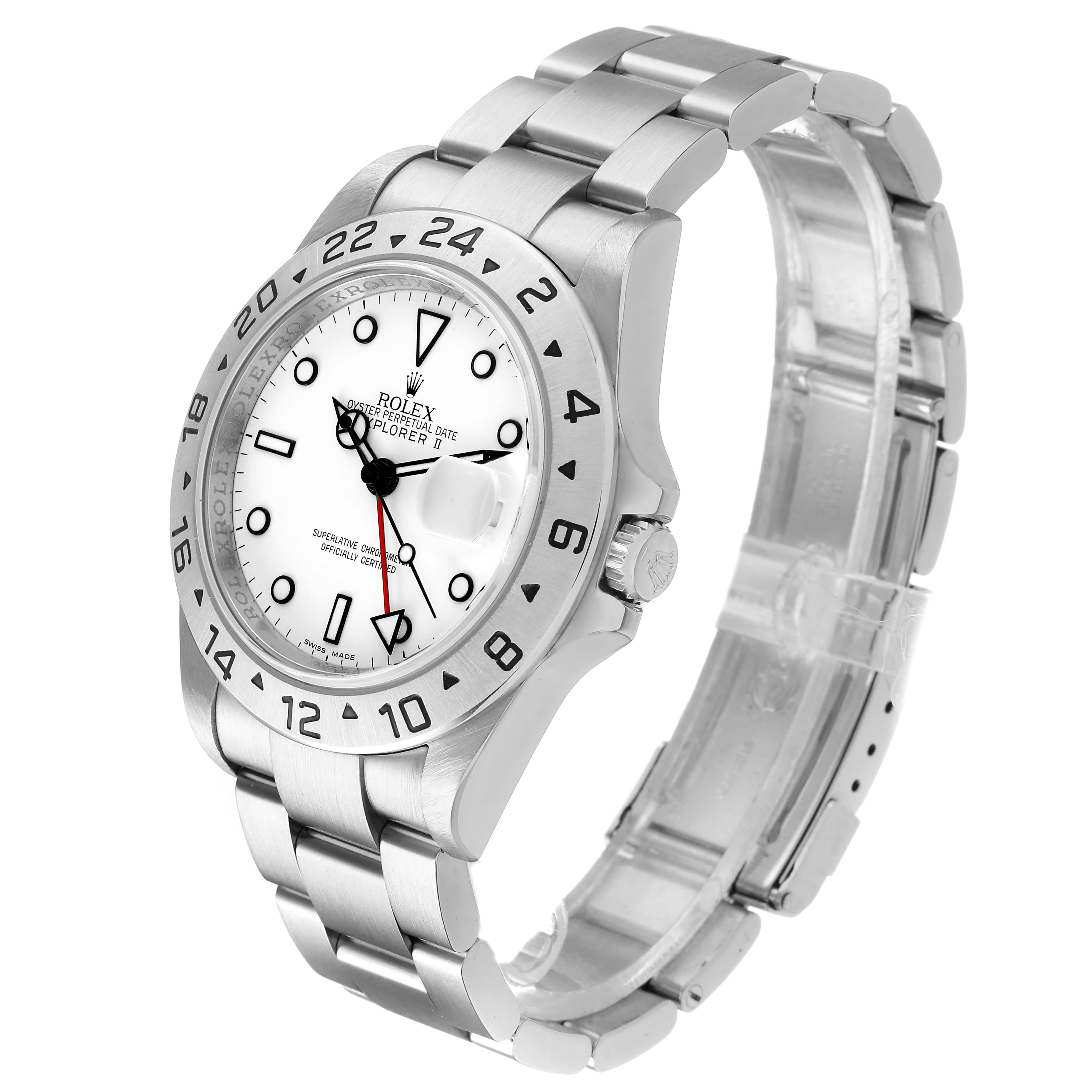 The Rolex Explorer 16570 Men's Stainless Steel White Dial model is shown at a three-quarter angle, displaying the dial, bezel, crown, and stainless steel bracelet.