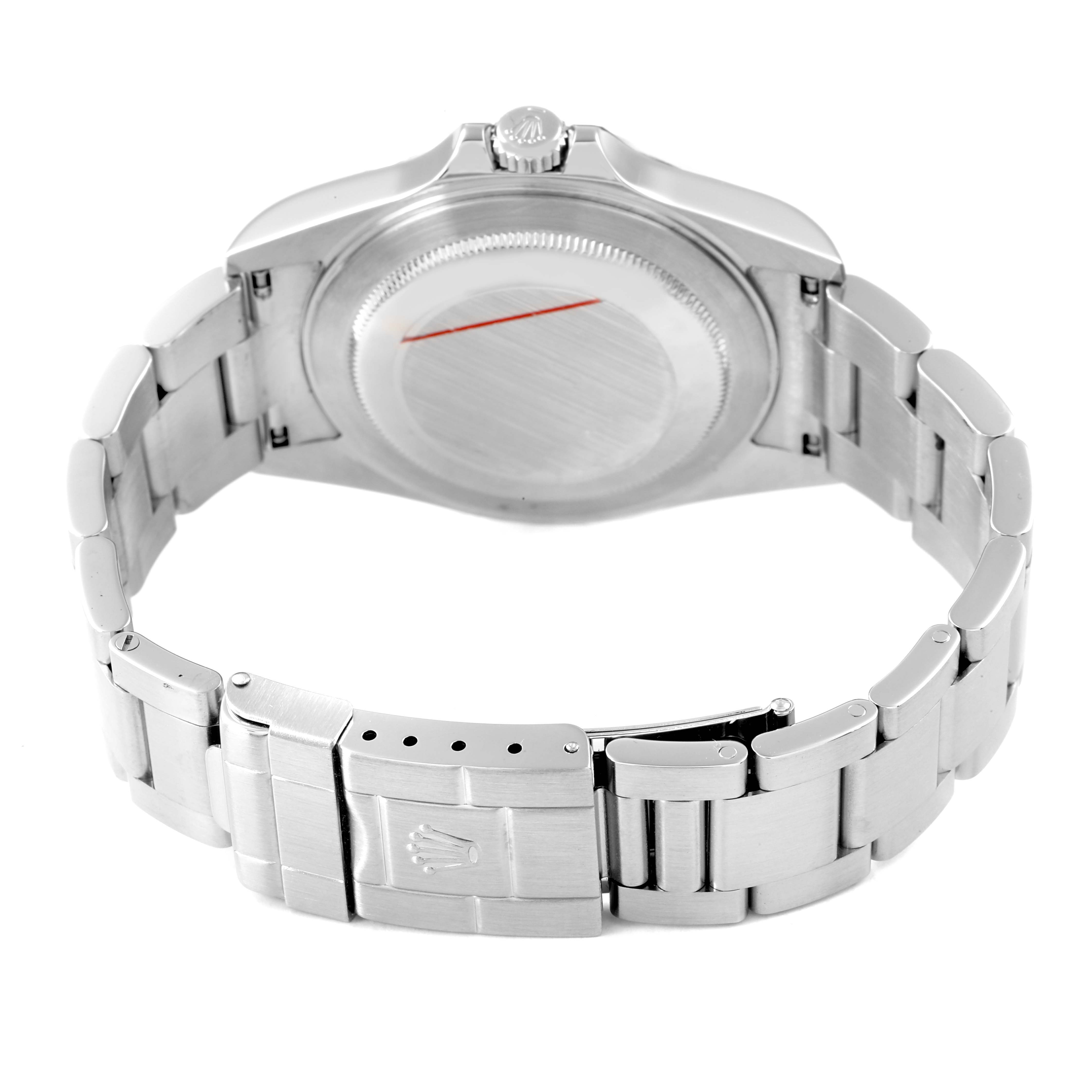 The Rolex Explorer 16570 Men's Stainless Steel White Dial watch is shown from the back, highlighting the case back, bracelet, and clasp.