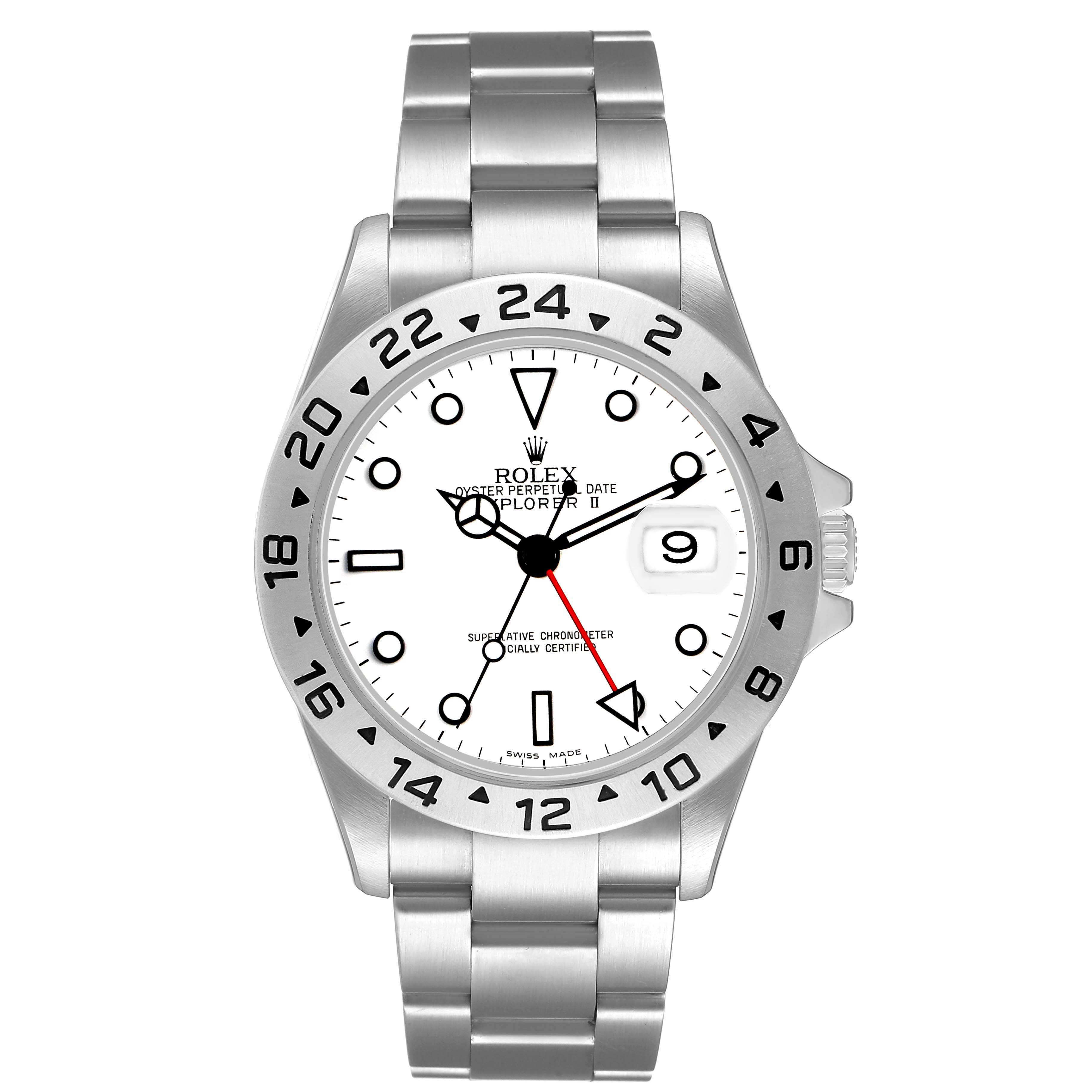 The Rolex Explorer 16570 Men's Stainless Steel White Dial model is shown from the front, highlighting its dial, bezel, crown, and bracelet.