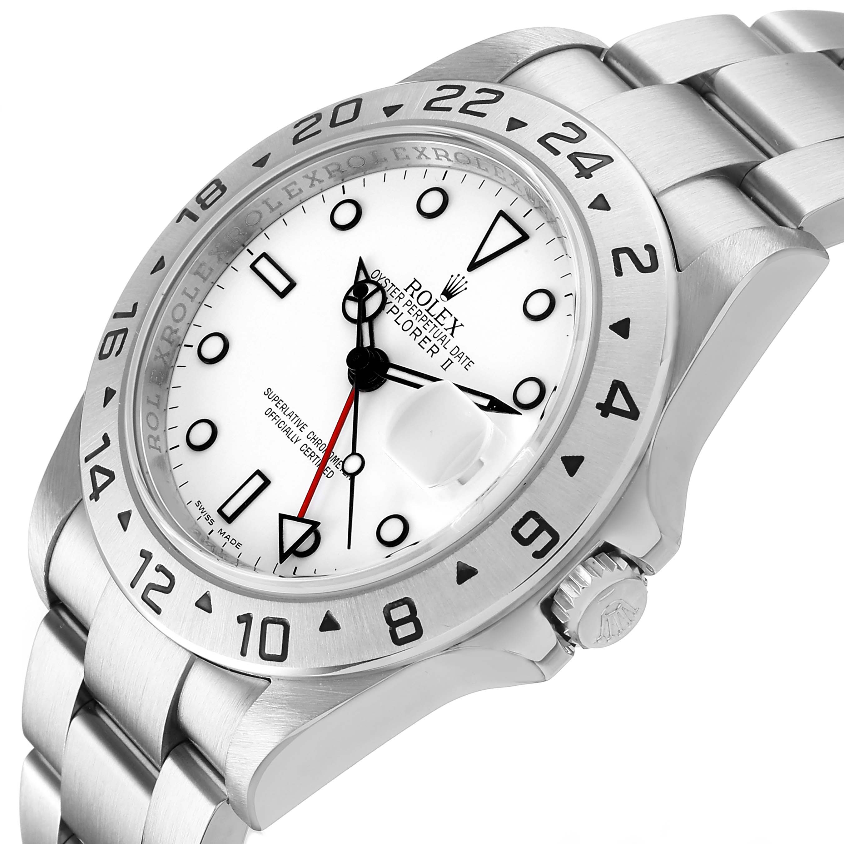 The Rolex Explorer 16570 Men's Stainless Steel White Dial watch is shown at an angled view, displaying the bezel, crown, bracelet, and part of the white dial clearly.