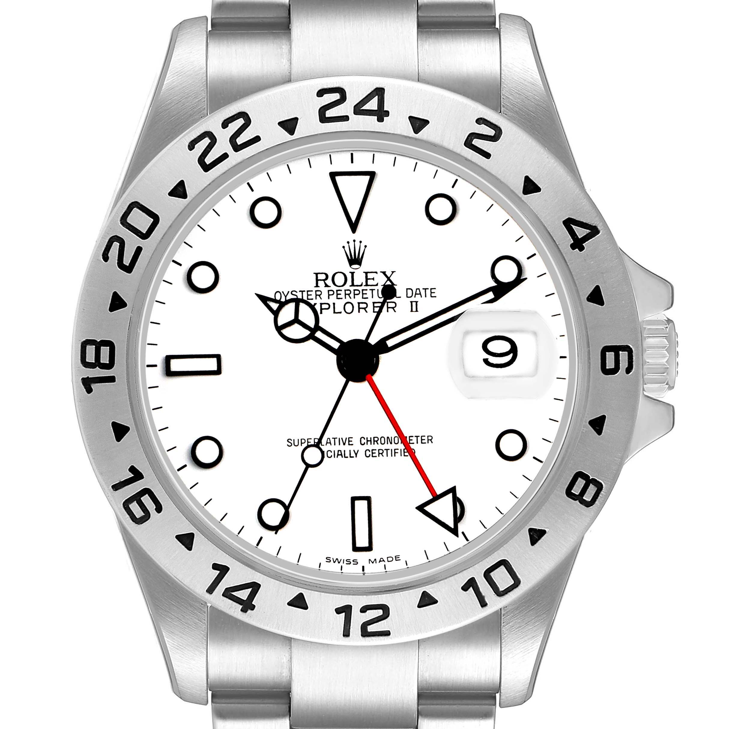 The Rolex Explorer 16570 Men's Stainless Steel White Dial model is shown from a top-down view, displaying the face, bezel, crown, and part of the bracelet.