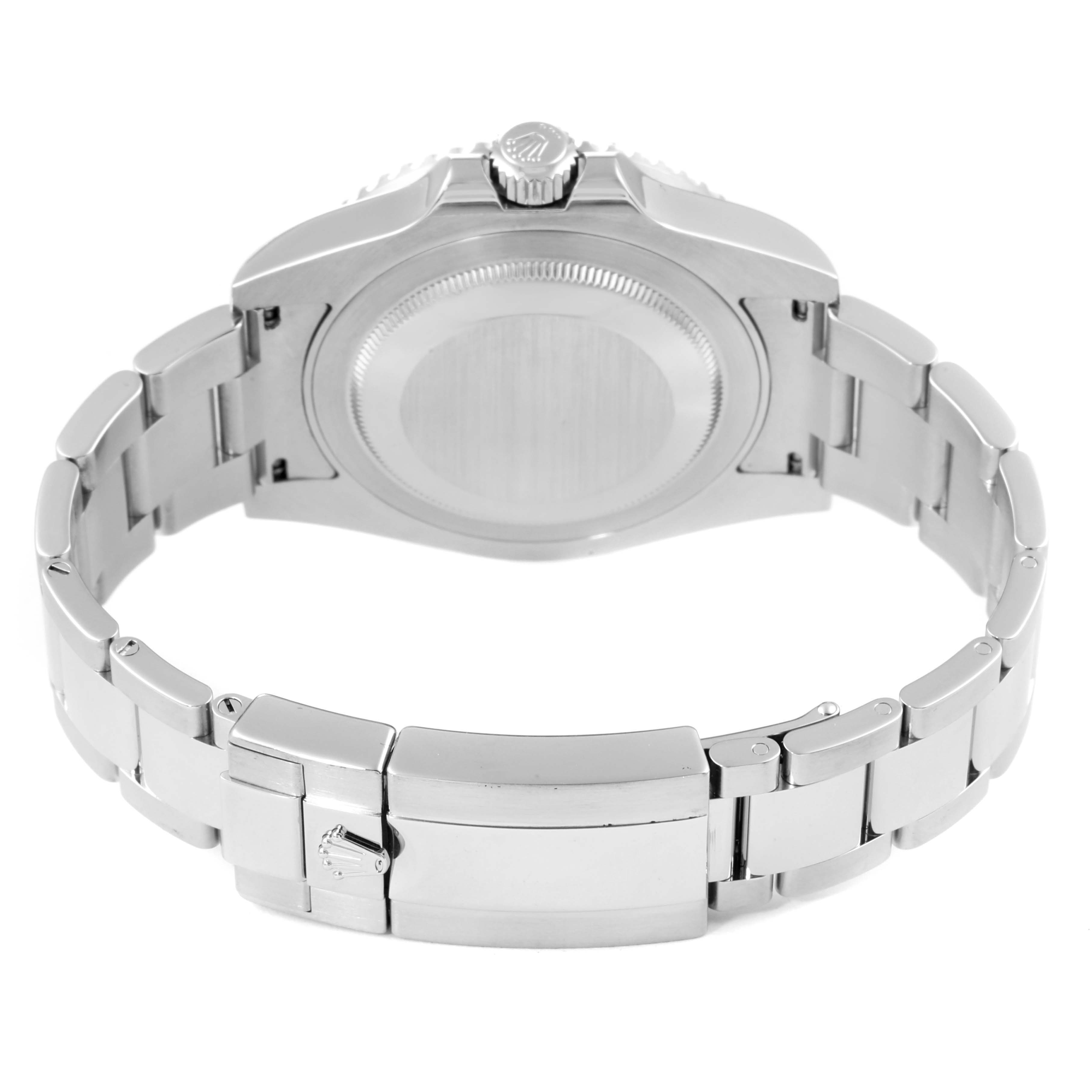 The image shows the back view of a Rolex GMT-Master 116710 Men's Stainless Steel Black Dial 116710 Men's Stainless Steel Black Dial watch, featuring its case back and metal bracelet with a clasp.