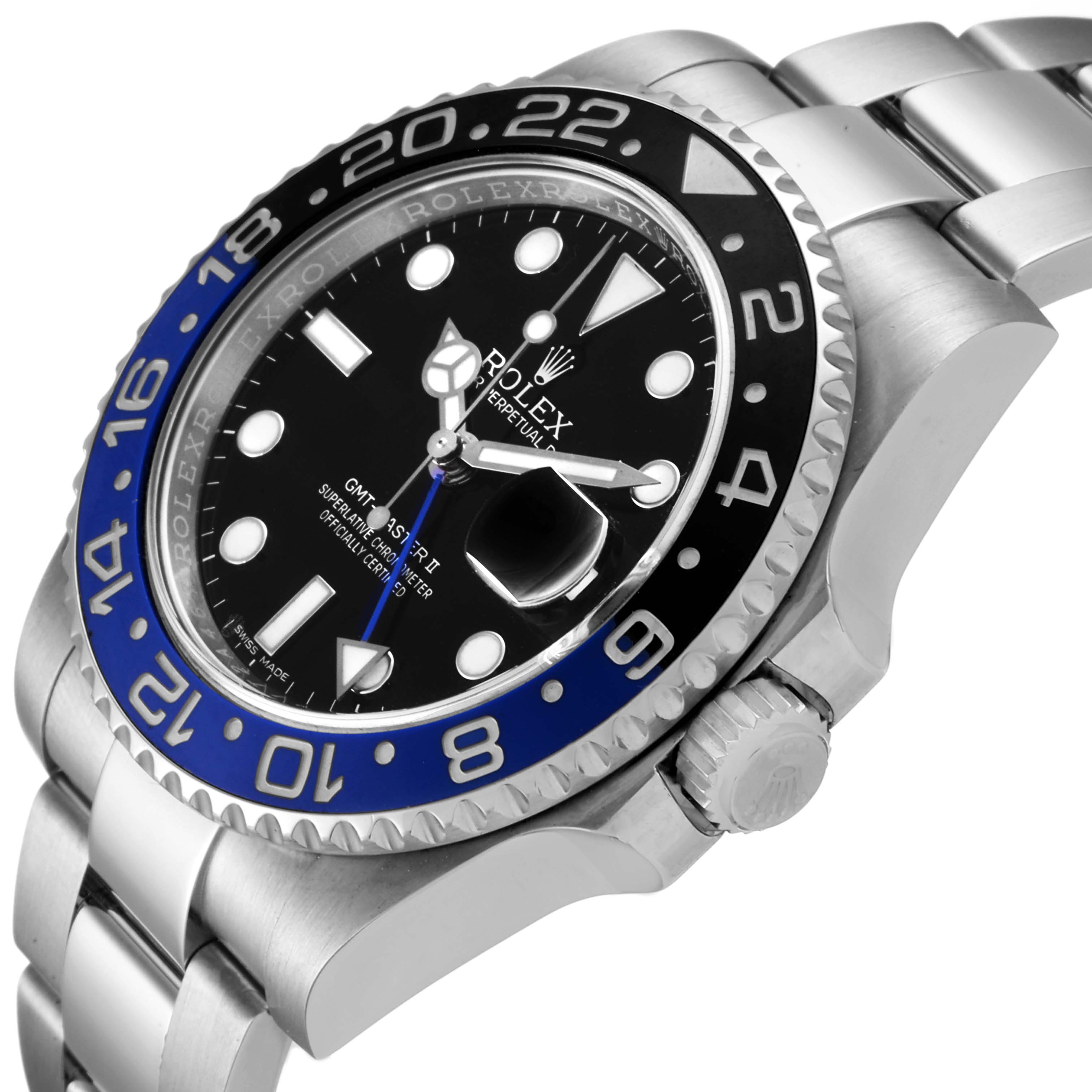 This image shows a side angle view of a Rolex GMT-Master 116710 Men's Stainless Steel Black Dial 116710 Men's Stainless Steel Black Dial II watch, focusing on the bezel, dial, and bracelet.