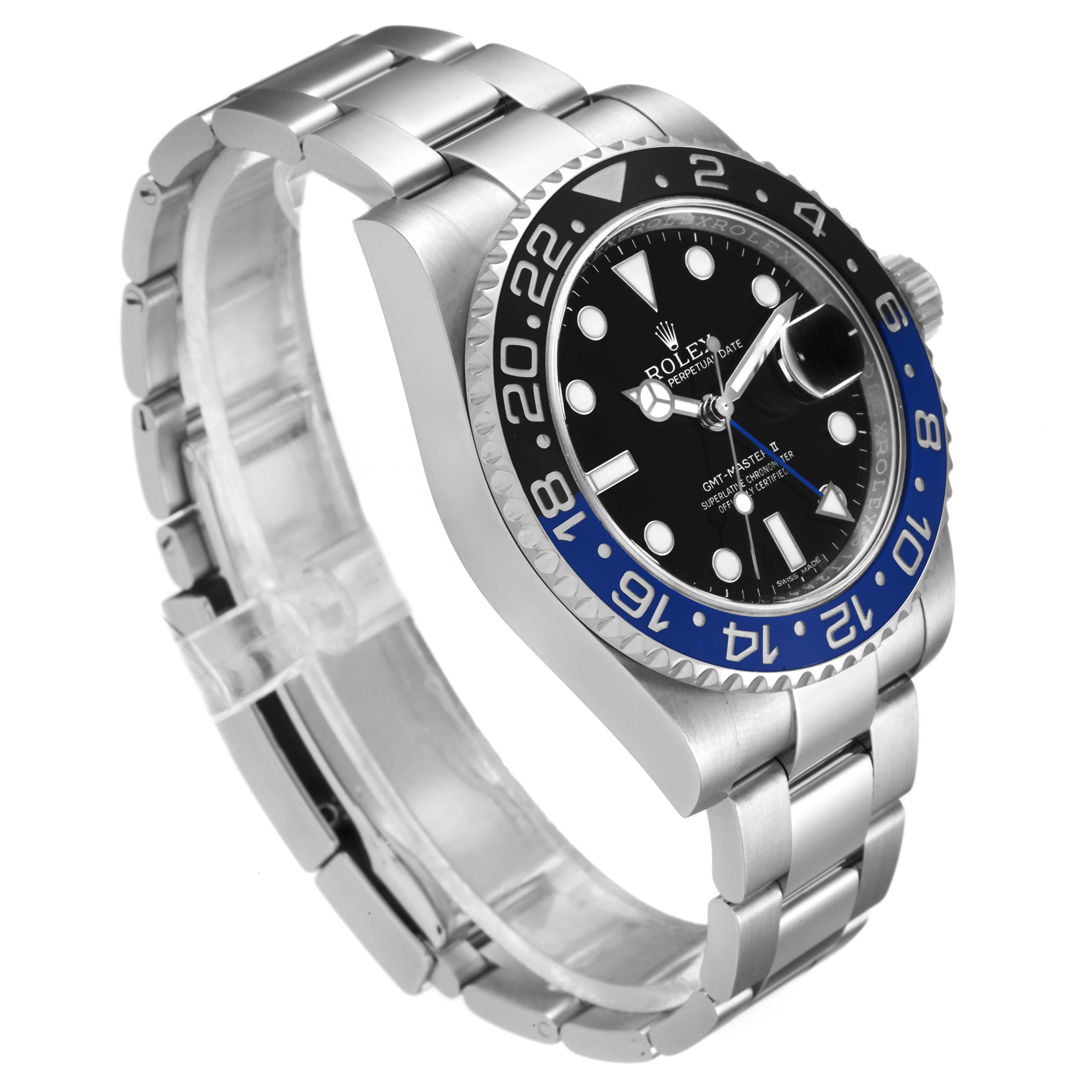 The image shows a side-angle view of the Rolex GMT-Master 116710 Men's Stainless Steel Black Dial 116710 Men's Stainless Steel Black Dial watch, highlighting its dial, bezel, and bracelet.