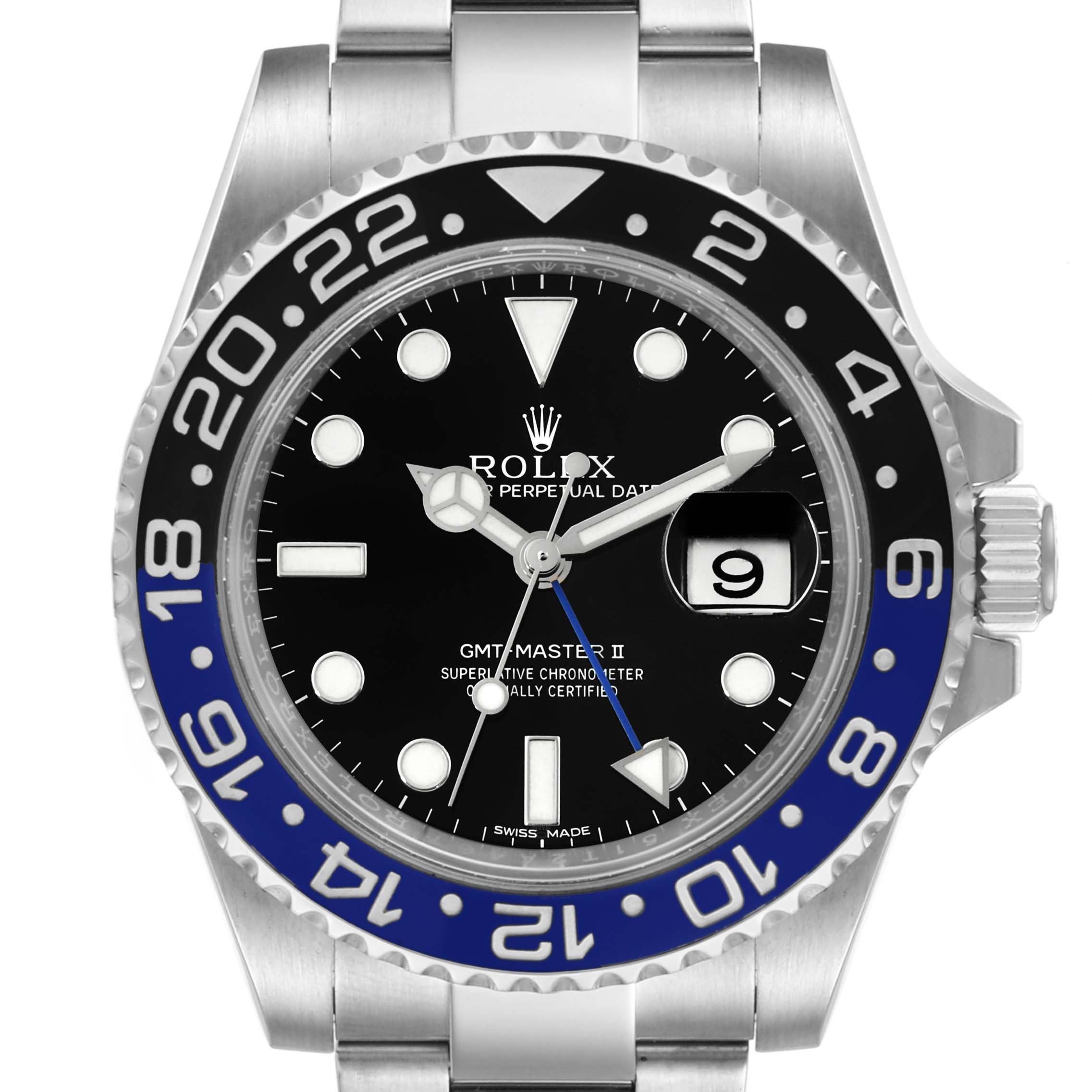 The image shows a front view of a Rolex GMT-Master 116710 Men's Stainless Steel Black Dial 116710 Men's Stainless Steel Black Dial II watch, highlighting the black and blue bezel, dial, and date window.
