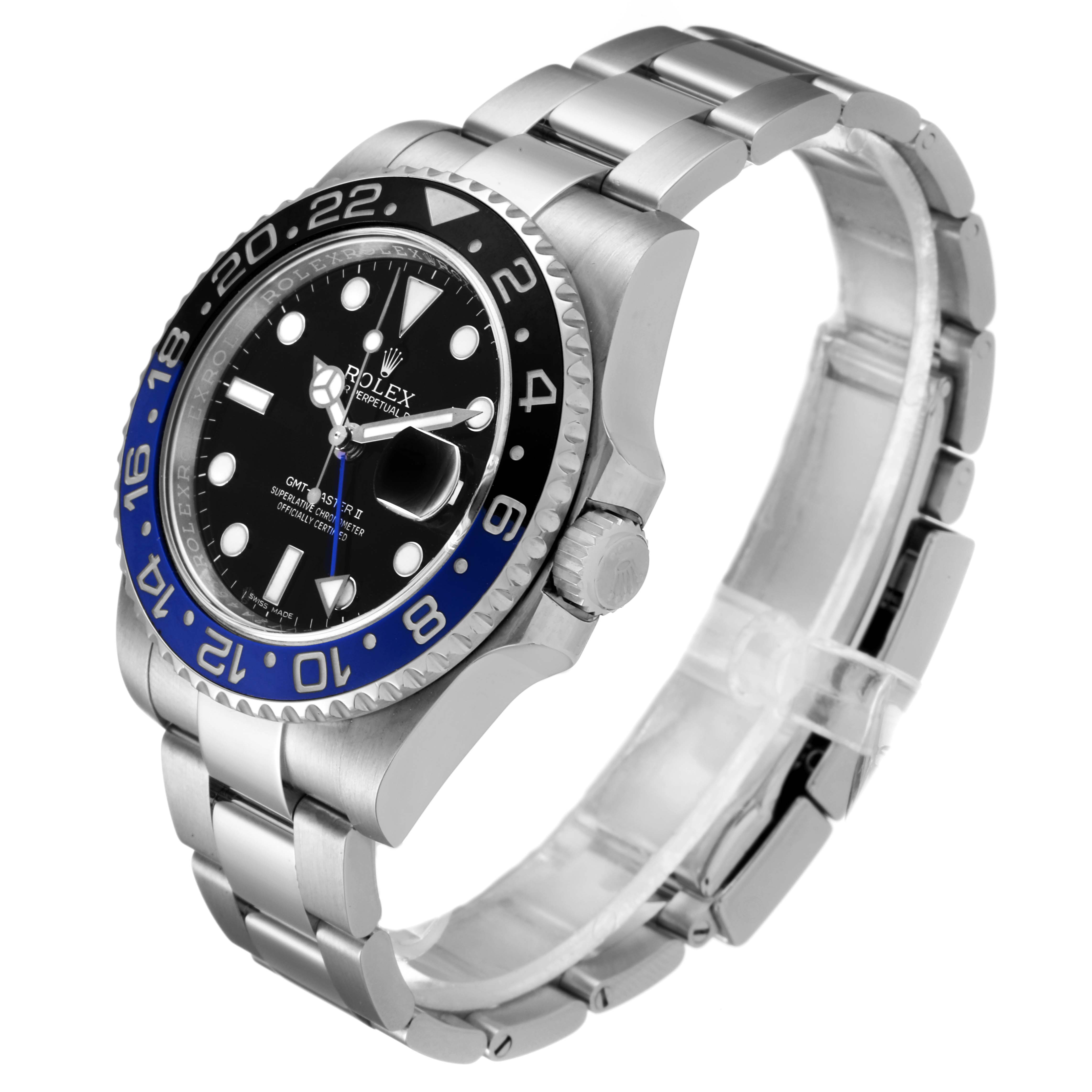 This image shows a side angle of the Rolex GMT-Master 116710 Men's Stainless Steel Black Dial 116710 Men's Stainless Steel Black Dial watch, highlighting the face, bezel, crown, and metal bracelet.