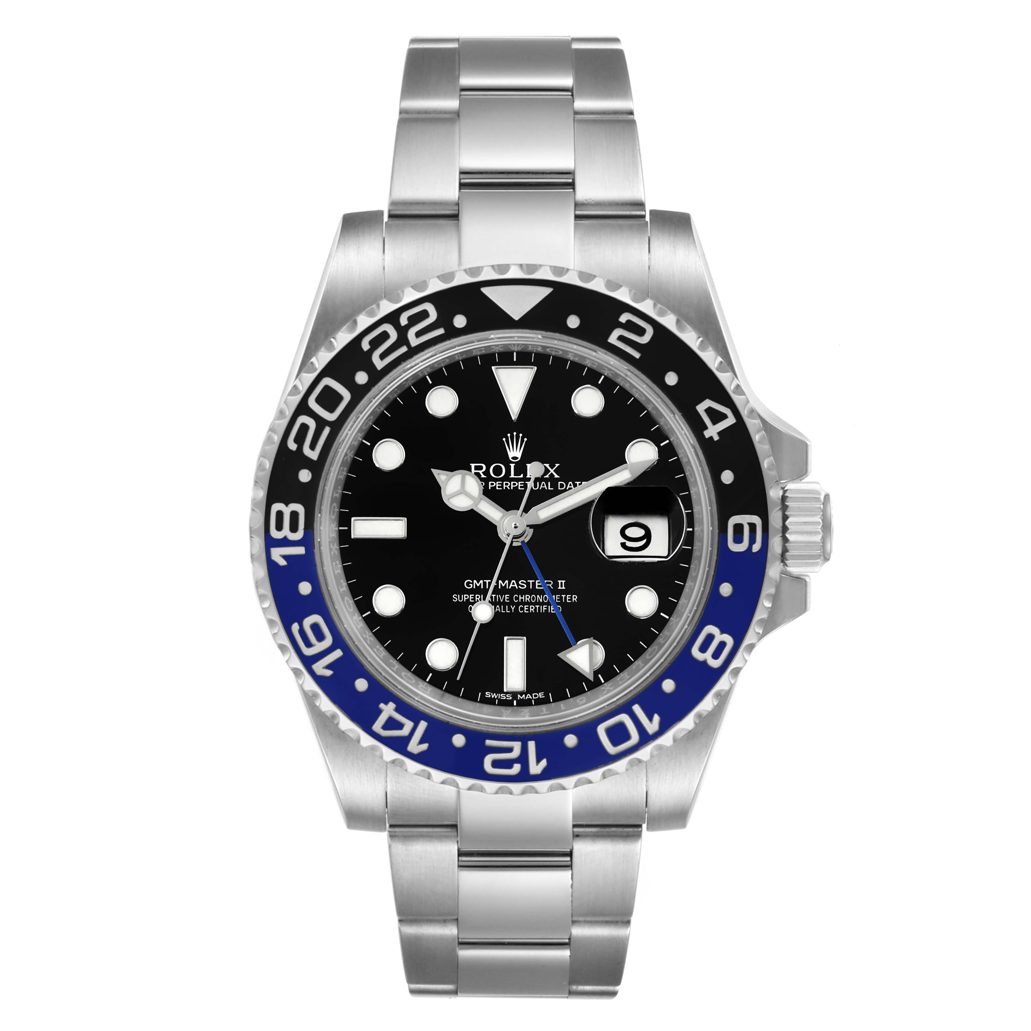 This image shows a front view of the Rolex GMT-Master 116710 Men's Stainless Steel Black Dial 116710 Men's Stainless Steel Black Dial II watch, highlighting its bezel, dial, and bracelet.