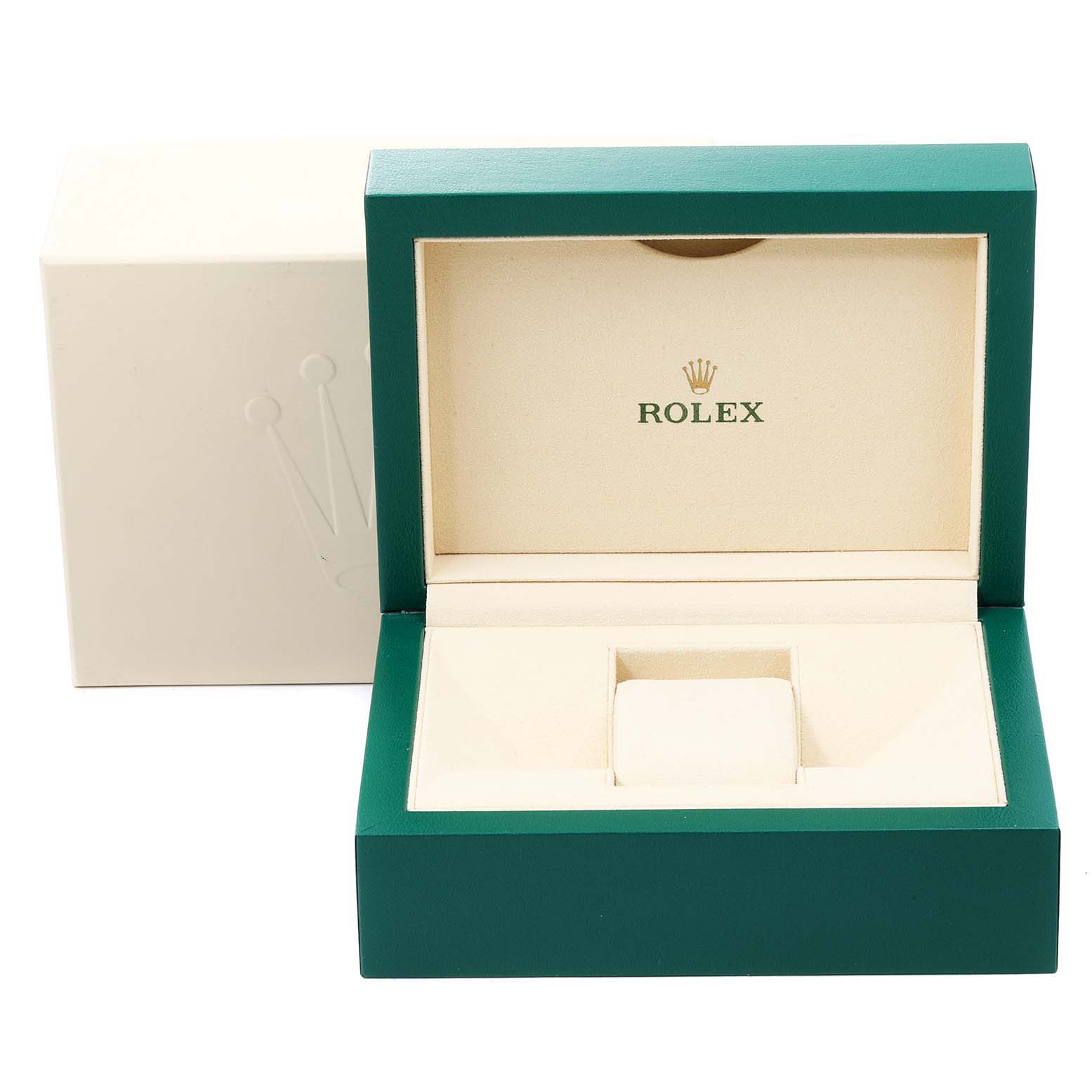 The image shows the open box for a Rolex GMT-Master 116710 Men's Stainless Steel Black Dial 116710 Men's Stainless Steel Black Dial watch, featuring green and cream colors with the Rolex logo.