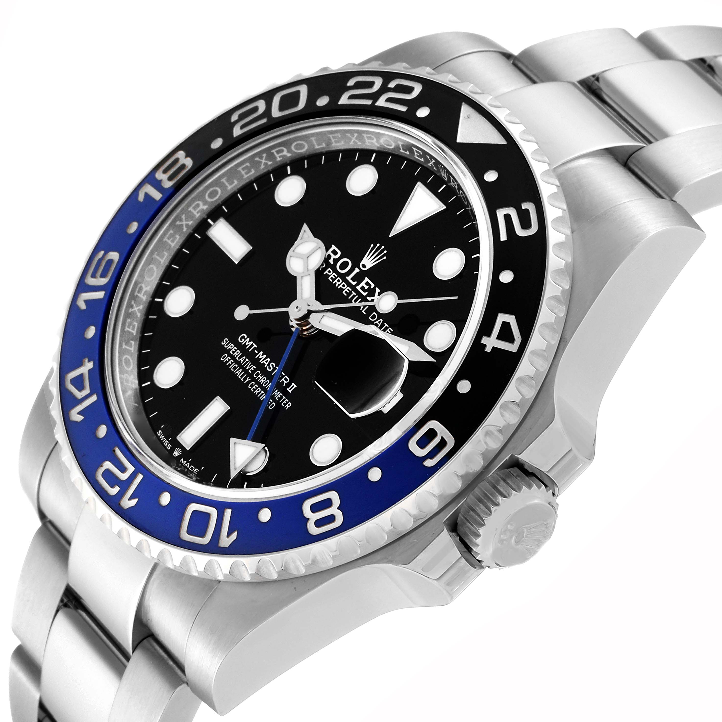 The image shows a Rolex GMT-Master 126710BLNR Men's Stainless Steel Black Dial 126710BLNR Men's Stainless Steel Black Dial watch at an angle highlighting the dial, bezel, and side profile with the crown.