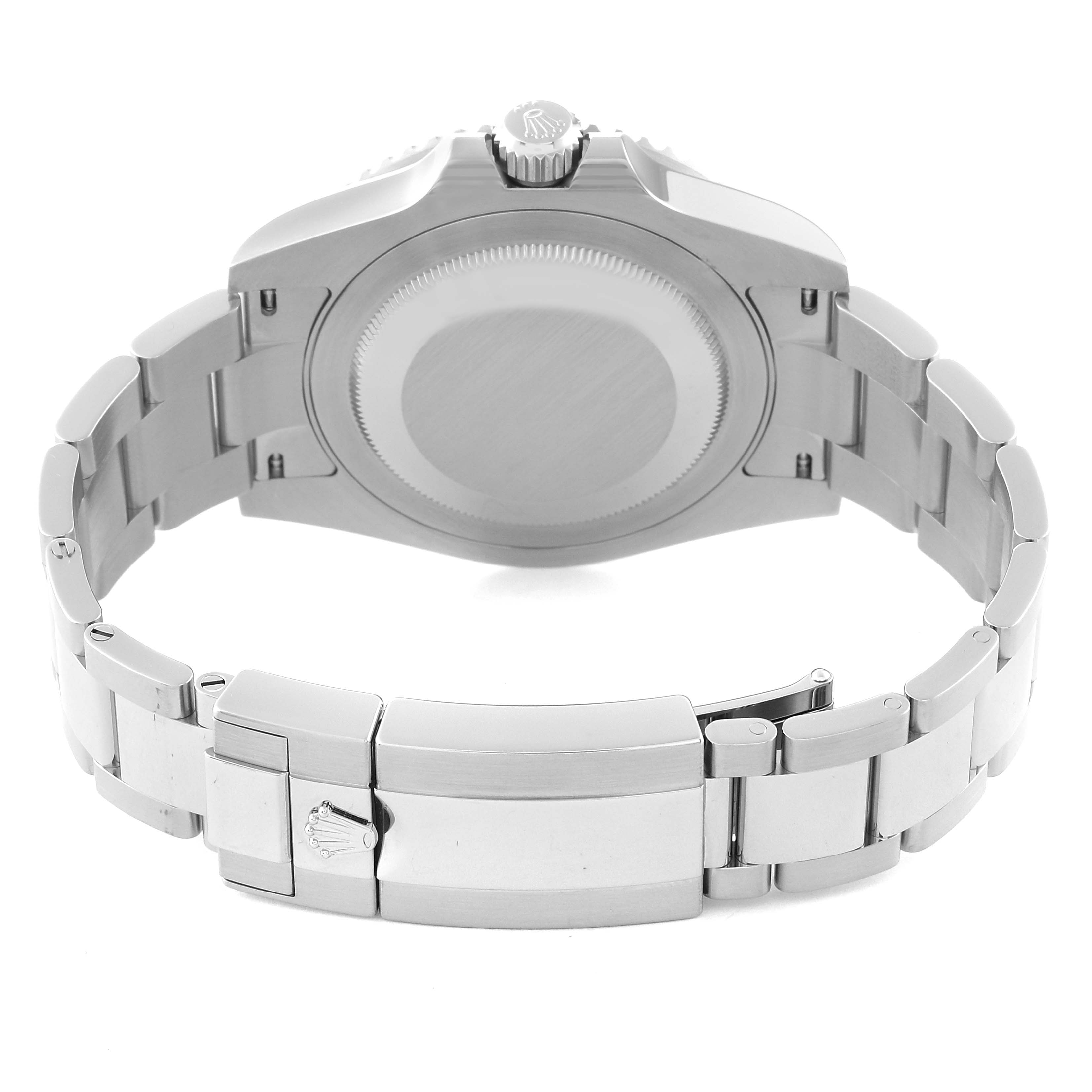 This image shows the case back and bracelet clasp of a Rolex GMT-Master 126710BLNR Men's Stainless Steel Black Dial 126710BLNR Men's Stainless Steel Black Dial watch from a rear angle.