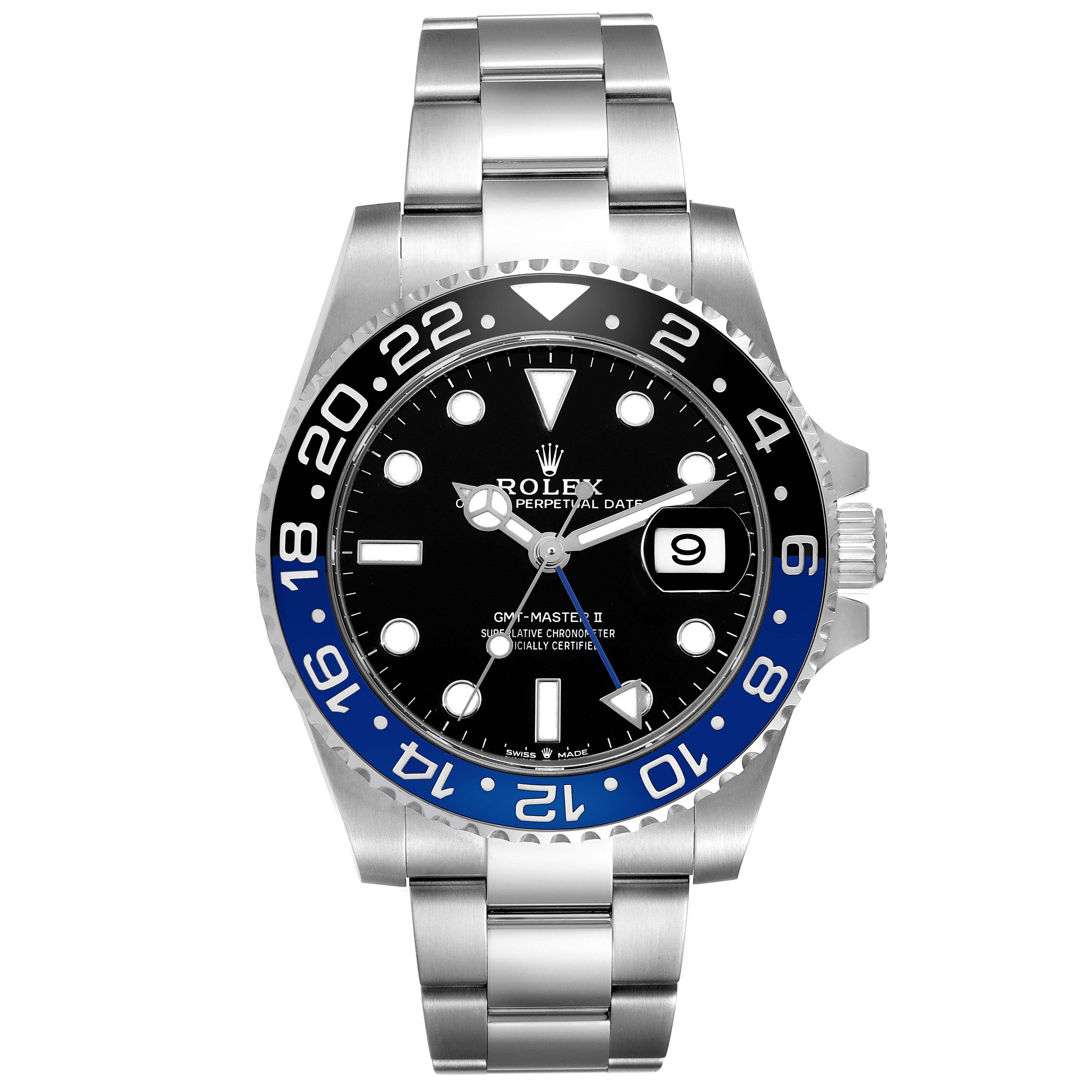 The image shows a front view of the Rolex GMT-Master 126710BLNR Men's Stainless Steel Black Dial 126710BLNR Men's Stainless Steel Black Dial II watch, including the bezel, dial, hands, date window, and bracelet.
