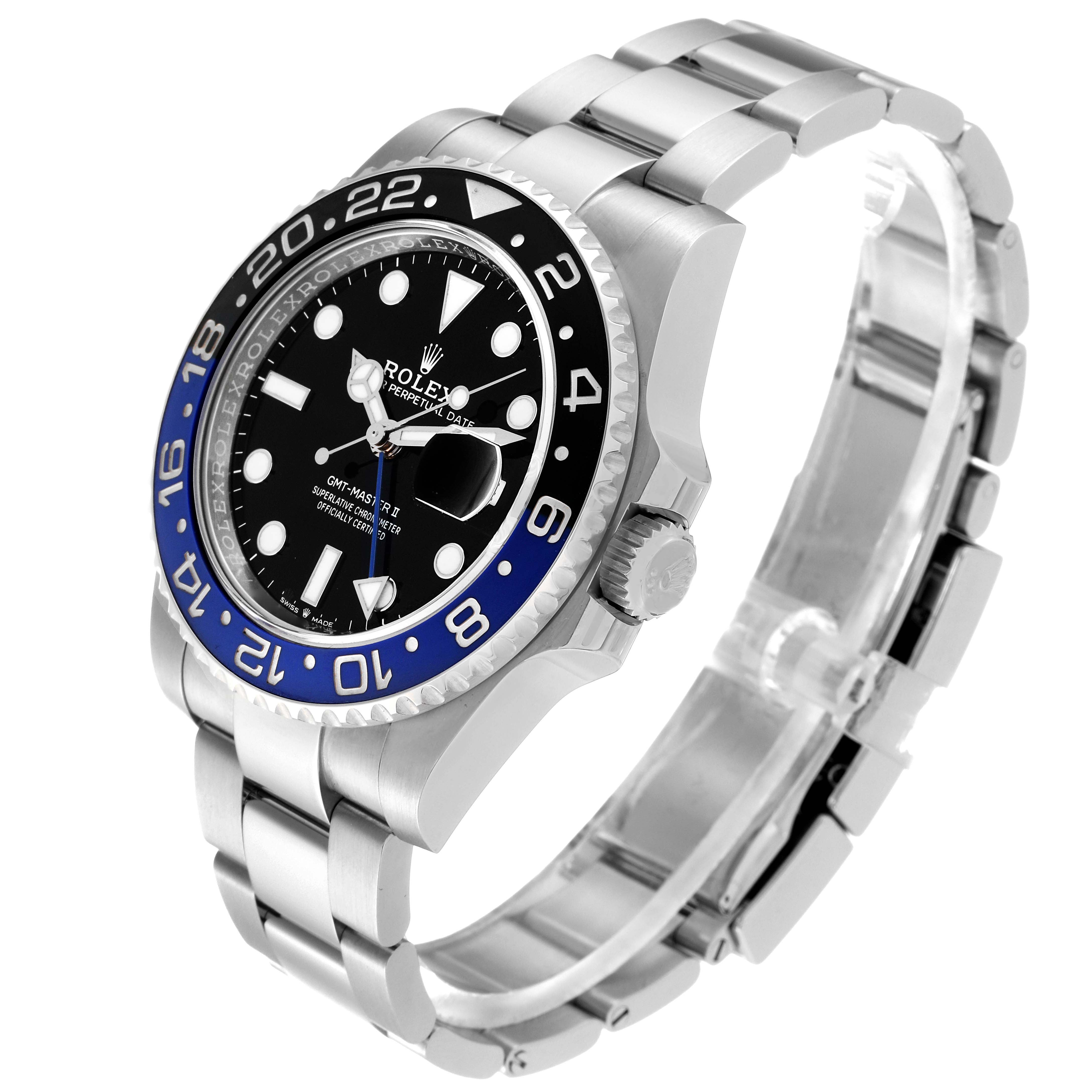The Rolex GMT-Master 126710BLNR Men's Stainless Steel Black Dial 126710BLNR Men's Stainless Steel Black Dial watch is shown at a slight angle, displaying its face, bezel, crown, and bracelet.