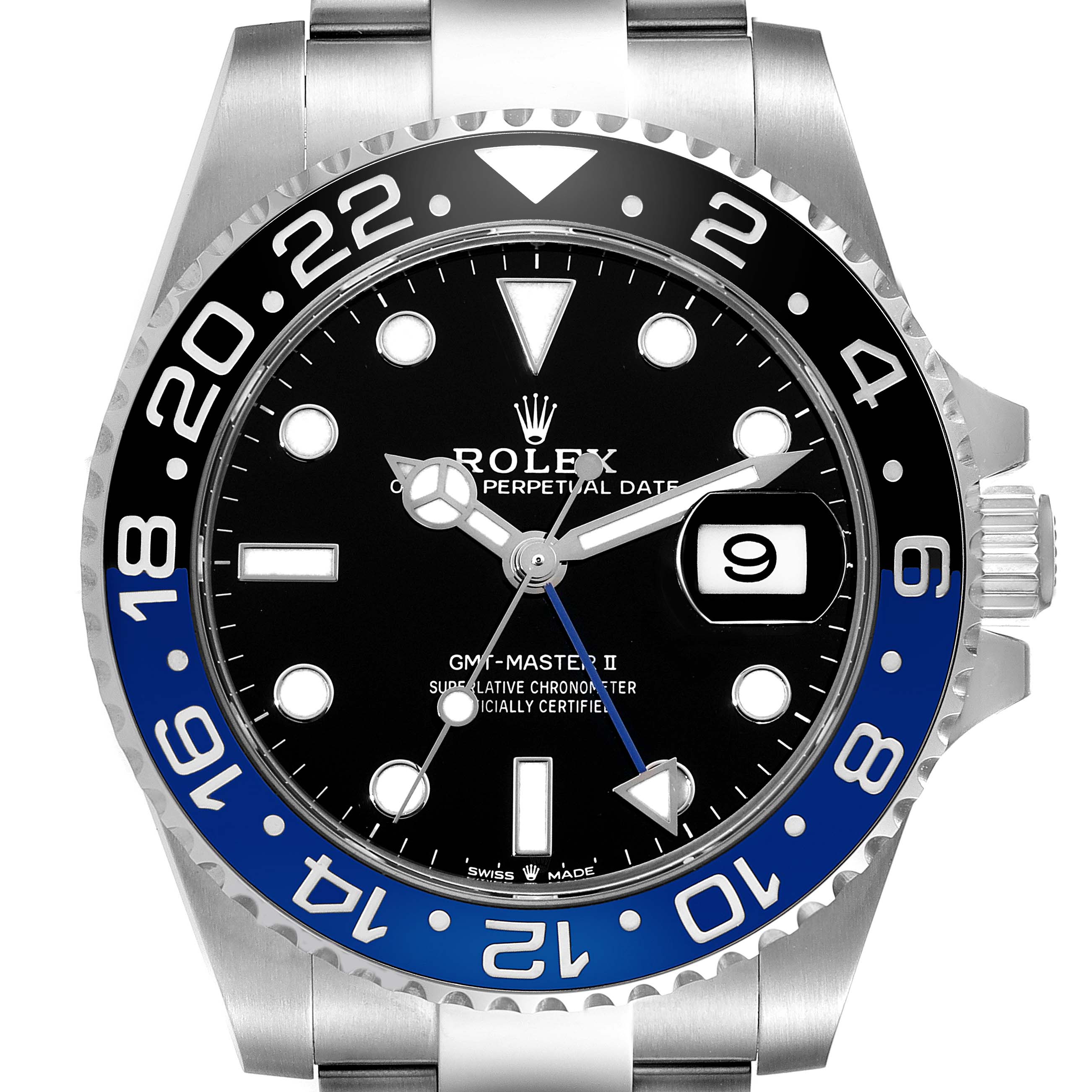 The image shows a front view of a Rolex GMT-Master 126710BLNR Men's Stainless Steel Black Dial 126710BLNR Men's Stainless Steel Black Dial II watch, highlighting the black and blue bezel, black dial, and date window at 3 o'clock.