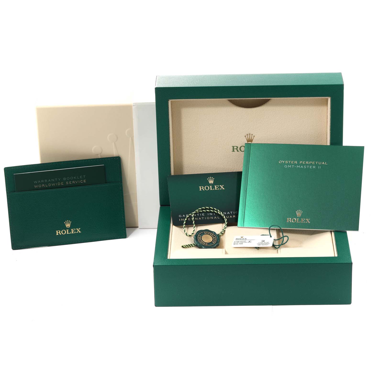 The image shows a Rolex GMT-Master 126710BLNR Men's Stainless Steel Black Dial 126710BLNR Men's Stainless Steel Black Dial watch box set including the watch, warranty booklet, international warranty card, and official tags.