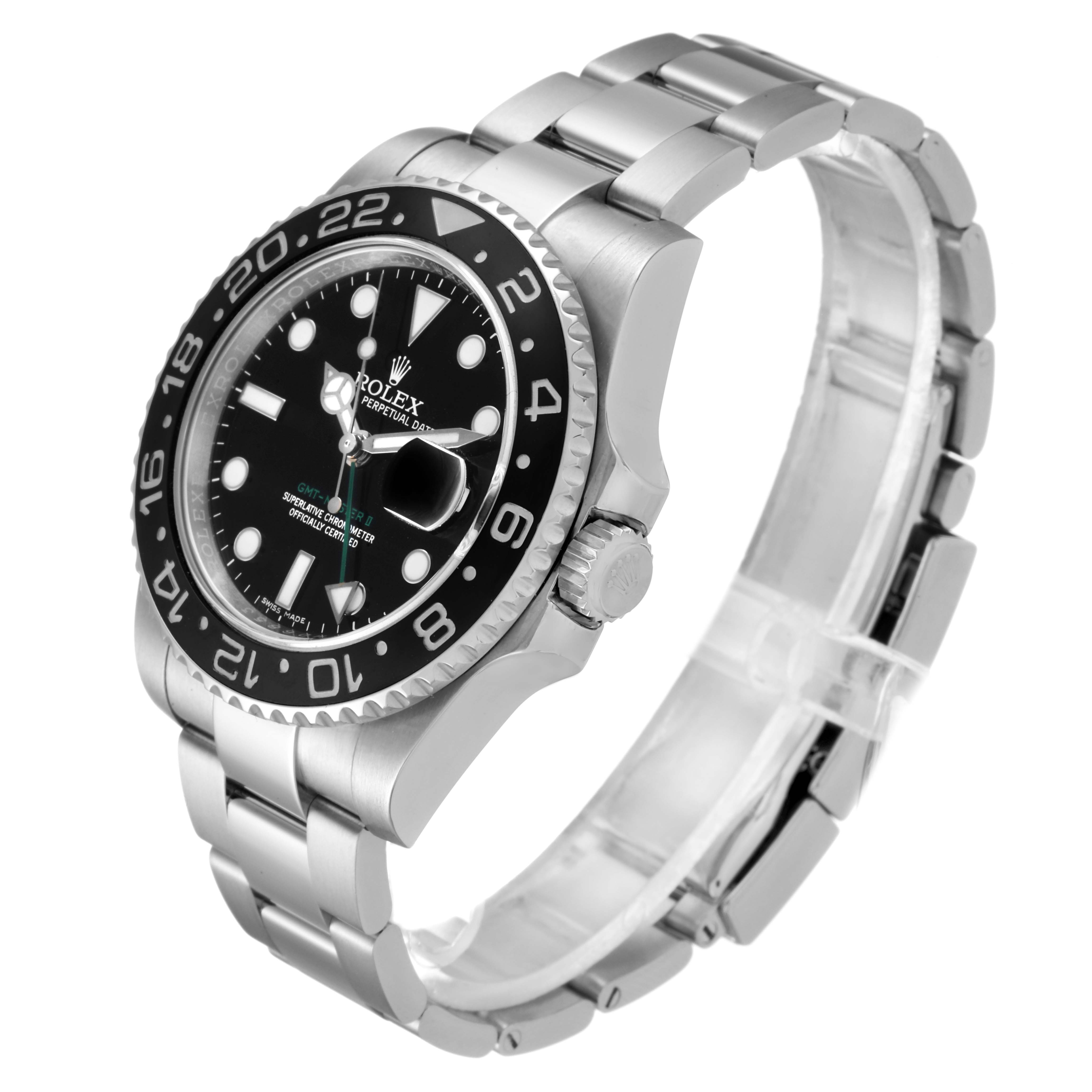 The image shows a tilted side view of a Rolex GMT-Master 116710 Men
s Stainless Steel Black Dial 116710 Men
s Stainless Steel Black Dial watch, highlighting the bezel, dial, bracelet, and crown.