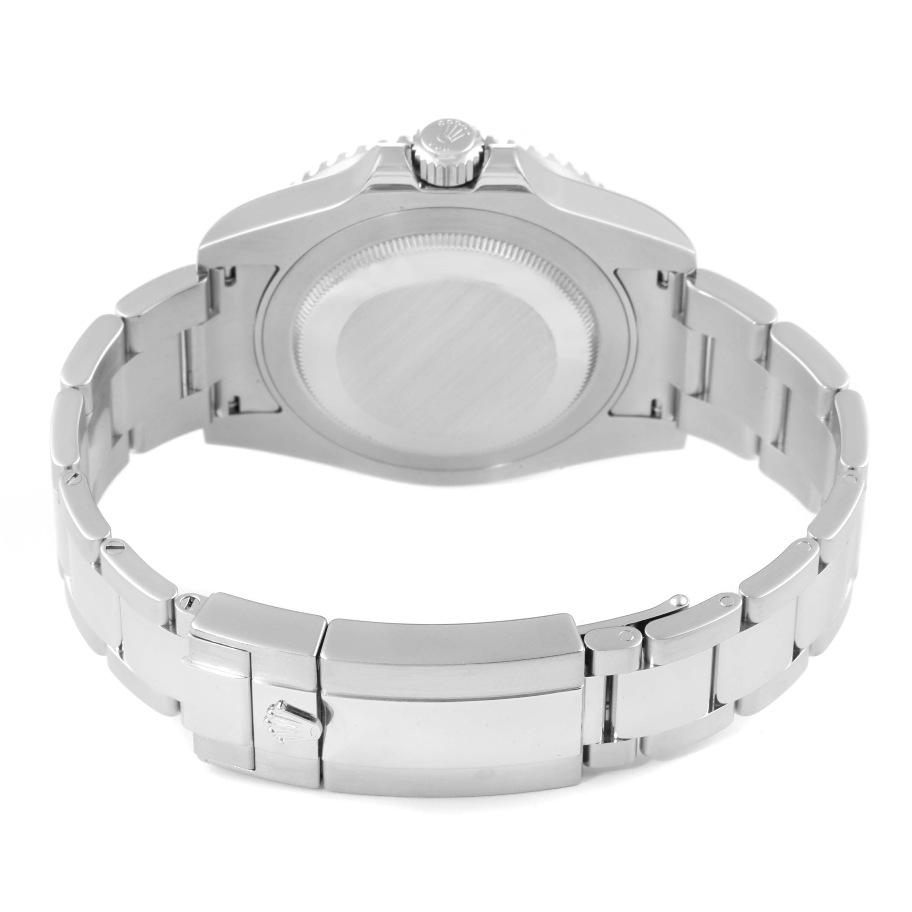 The image shows the backside of a Rolex GMT-Master 116710 Men
s Stainless Steel Black Dial 116710 Men
s Stainless Steel Black Dial watch, featuring the case back, bracelet, and clasp.