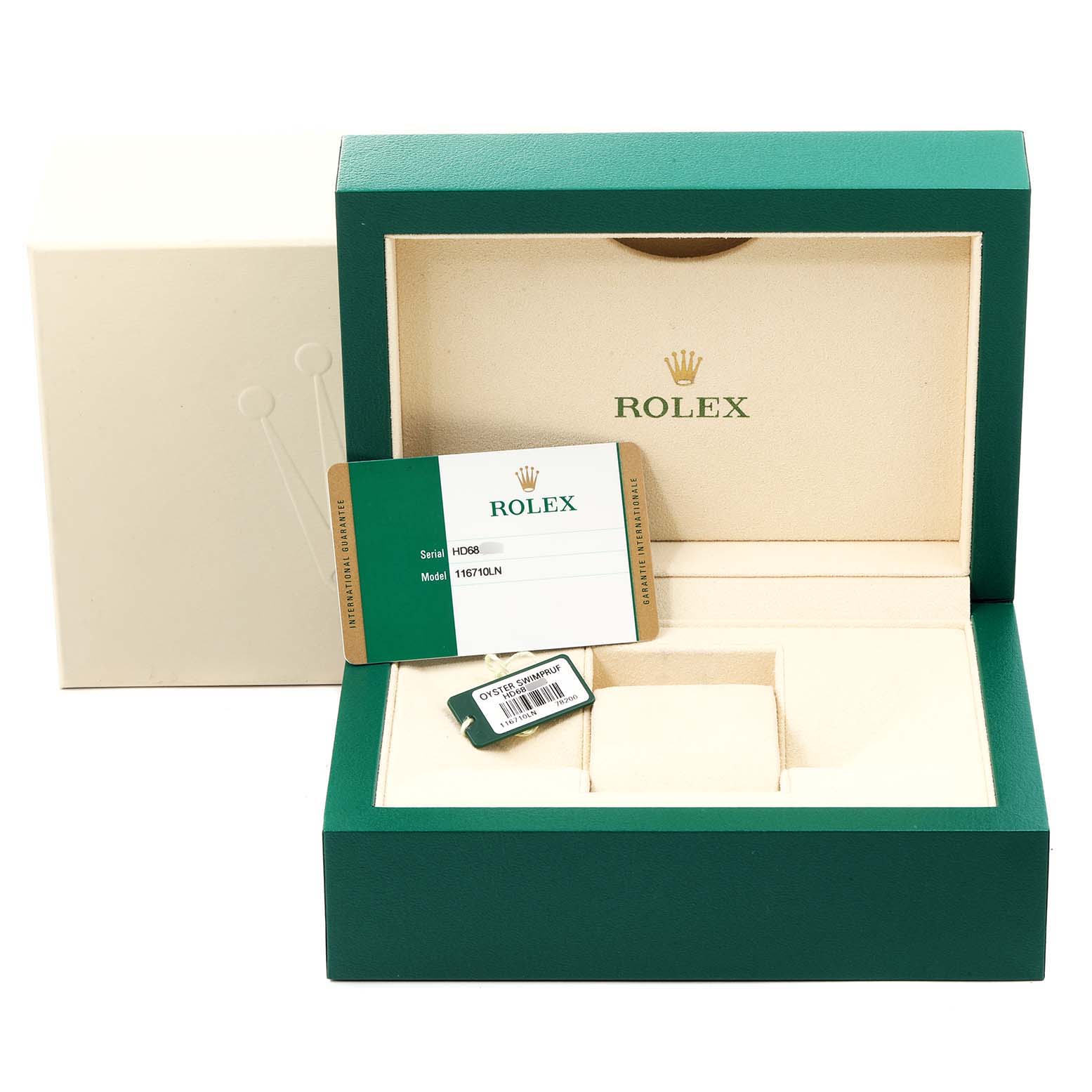 The image shows the open box, warranty card, and accessories for a Rolex GMT-Master 116710 Men
s Stainless Steel Black Dial 116710 Men
s Stainless Steel Black Dial model.