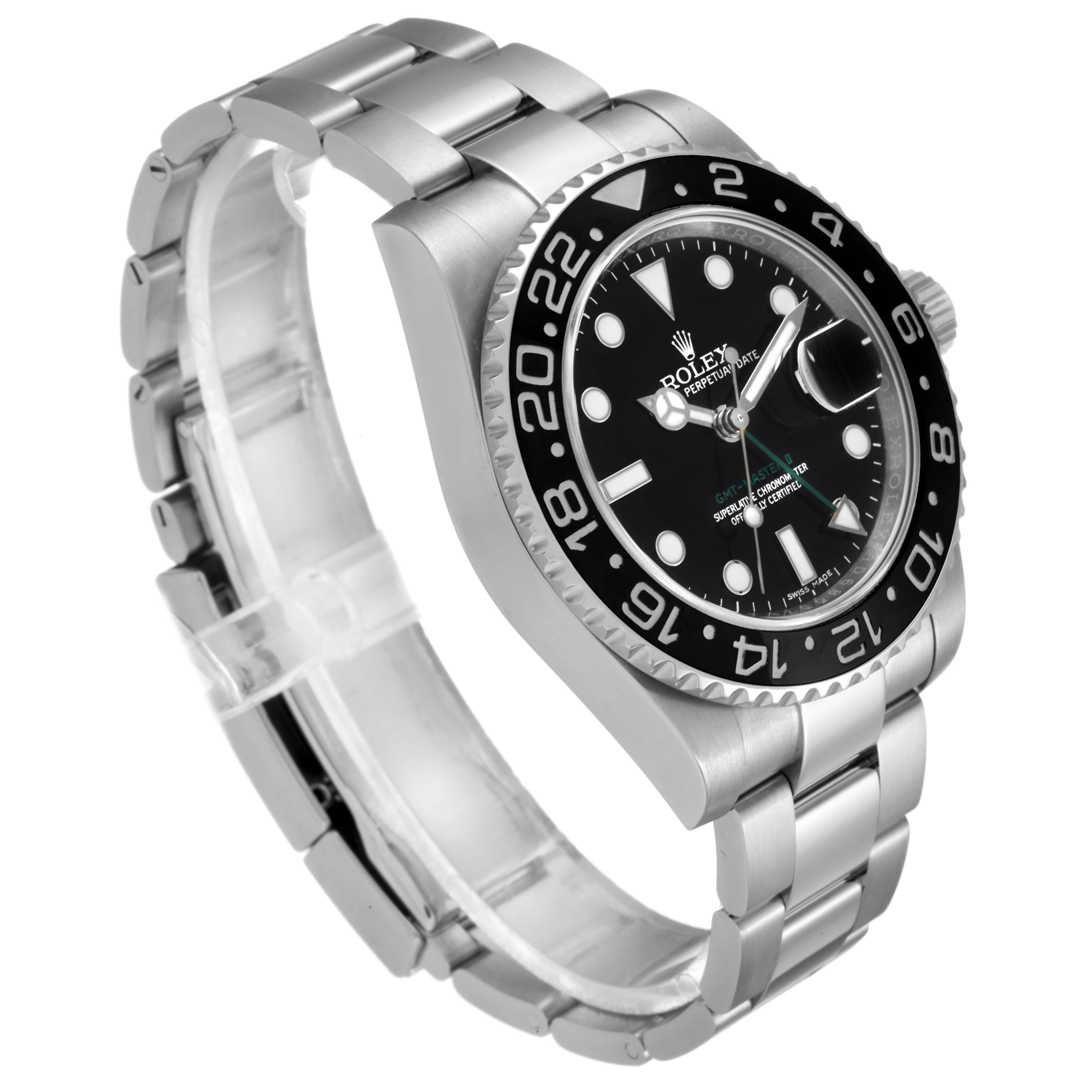 The Rolex GMT-Master 116710 Men
s Stainless Steel Black Dial 116710 Men
s Stainless Steel Black Dial watch is shown at an angle revealing the face, bezel, and bracelet.