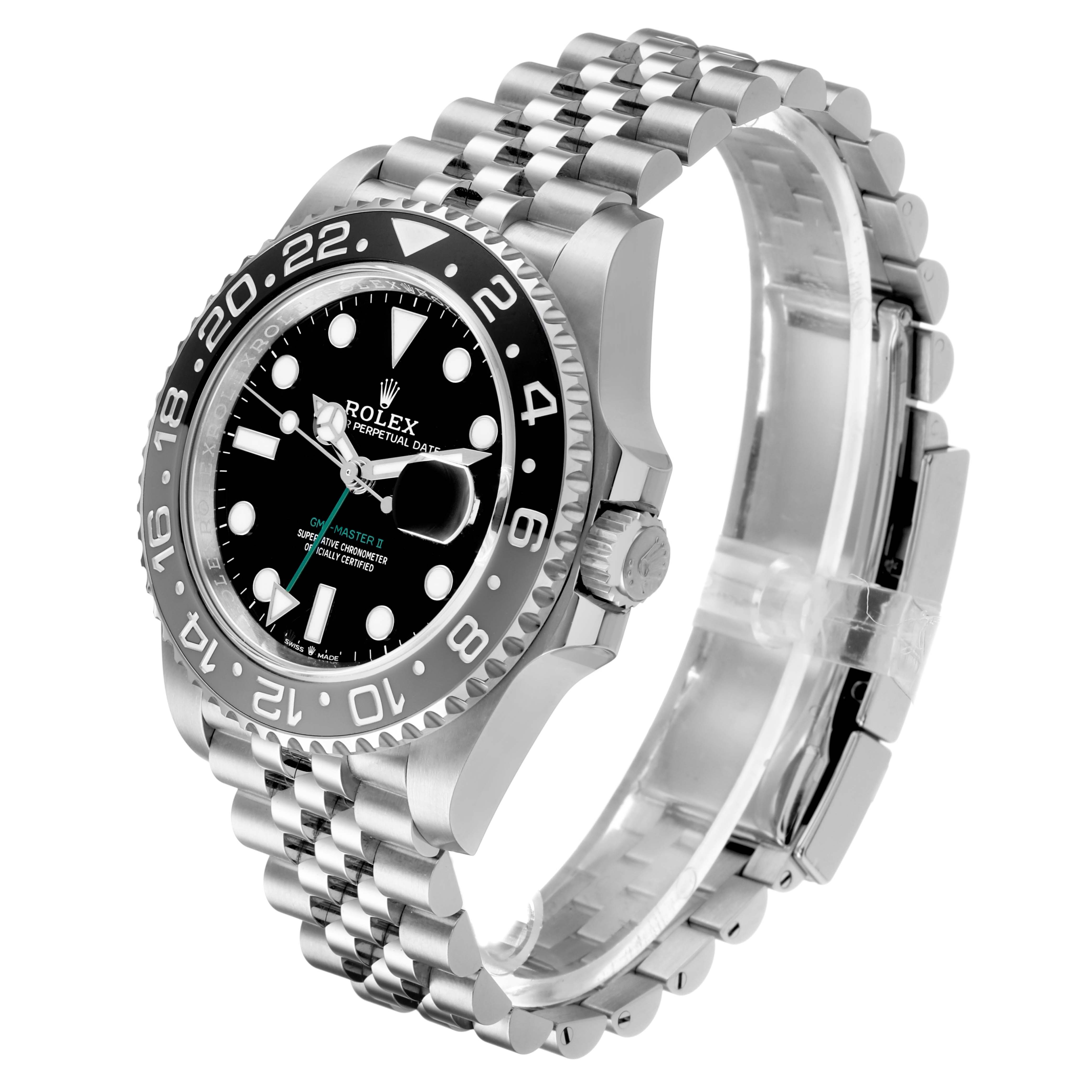 The Rolex GMT-Master M126710GRNR-0003 Men's Stainless Steel Black Dial is shown at a three-quarter angle, highlighting its bezel, dial, crown, and Jubilee bracelet.