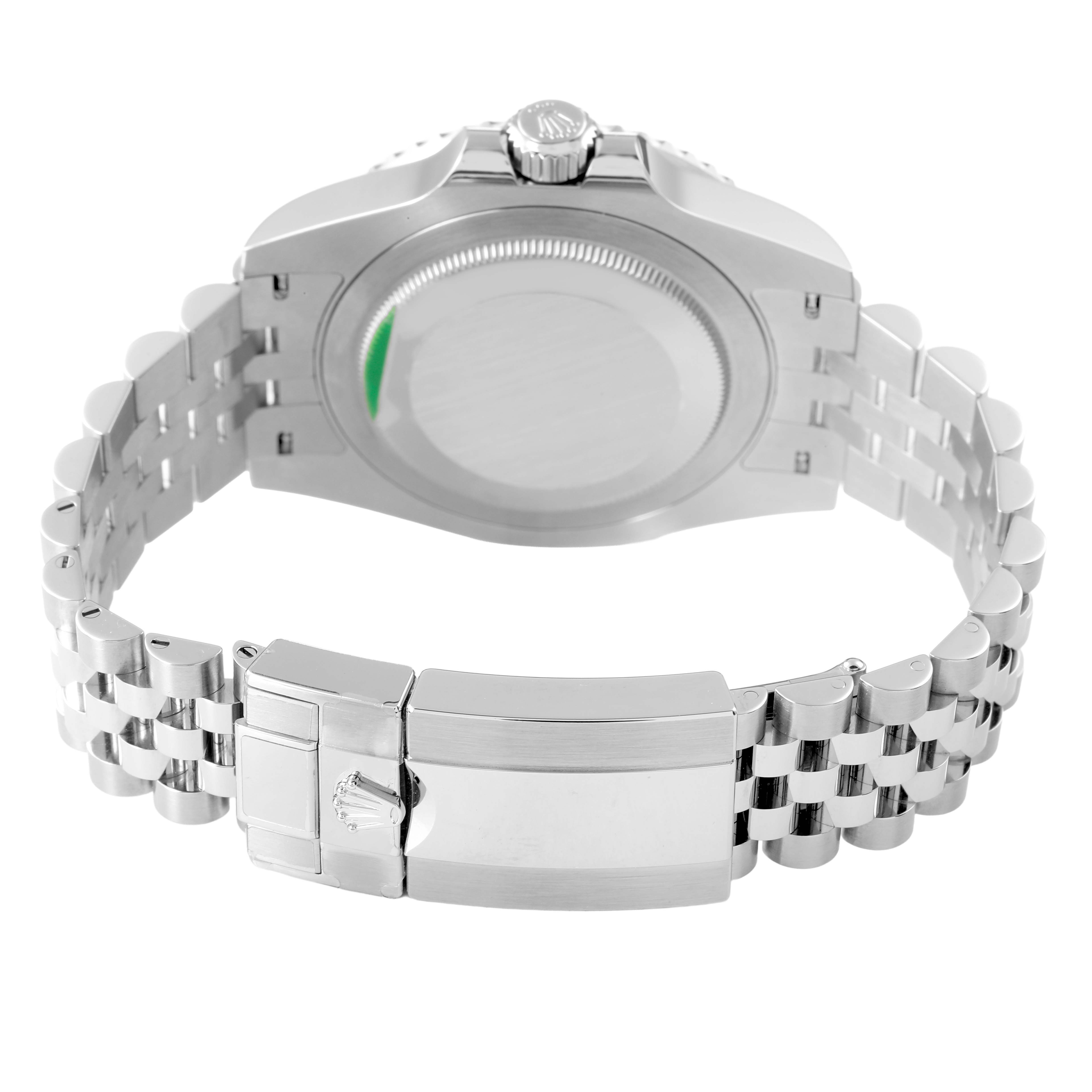 The image shows the back and bracelet of a Rolex GMT-Master M126710GRNR-0003 Men's Stainless Steel Black Dial, including the clasp and case back.