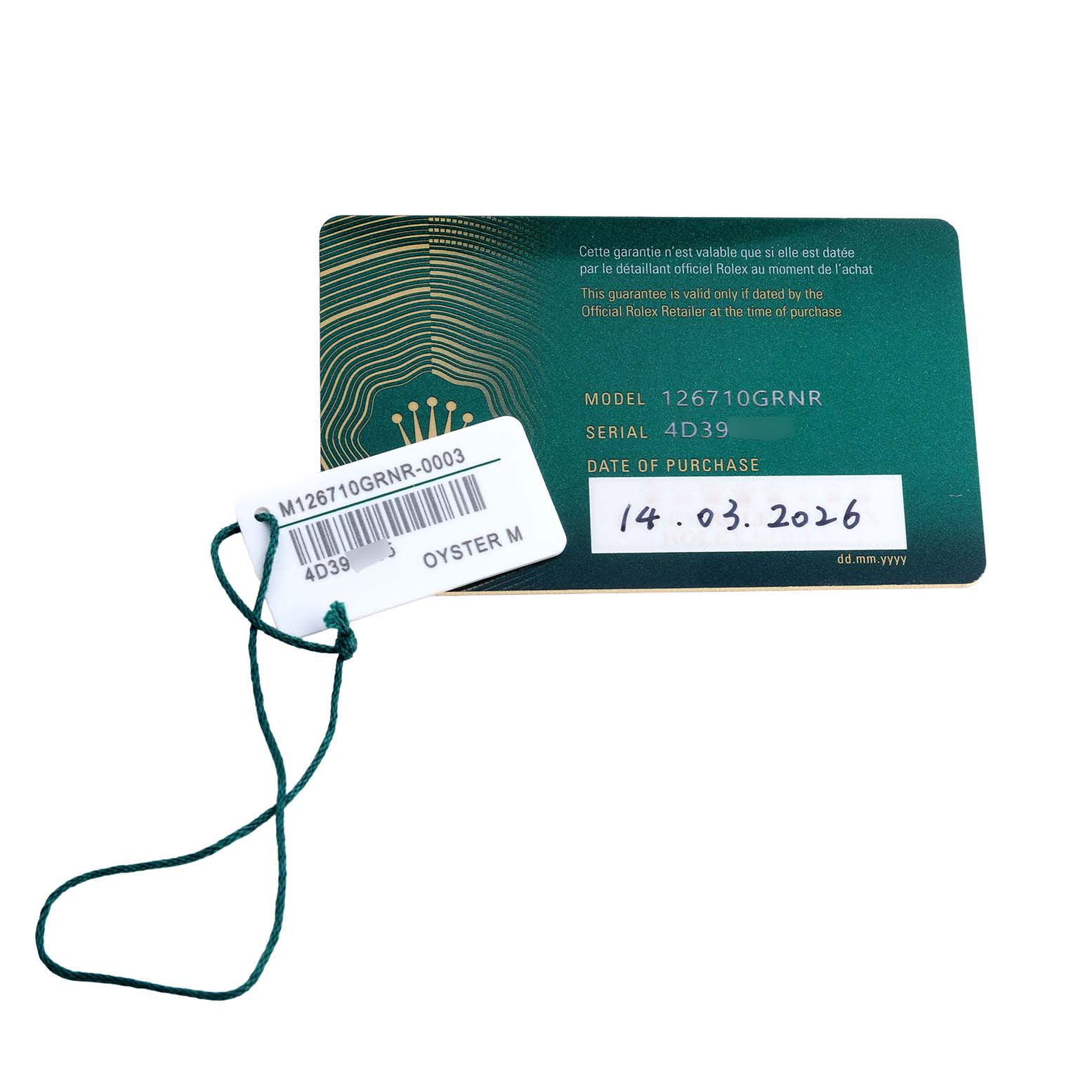 The image shows a Rolex GMT-Master M126710GRNR-0003 Men's Stainless Steel Black Dial model card and its tag with model and serial information.