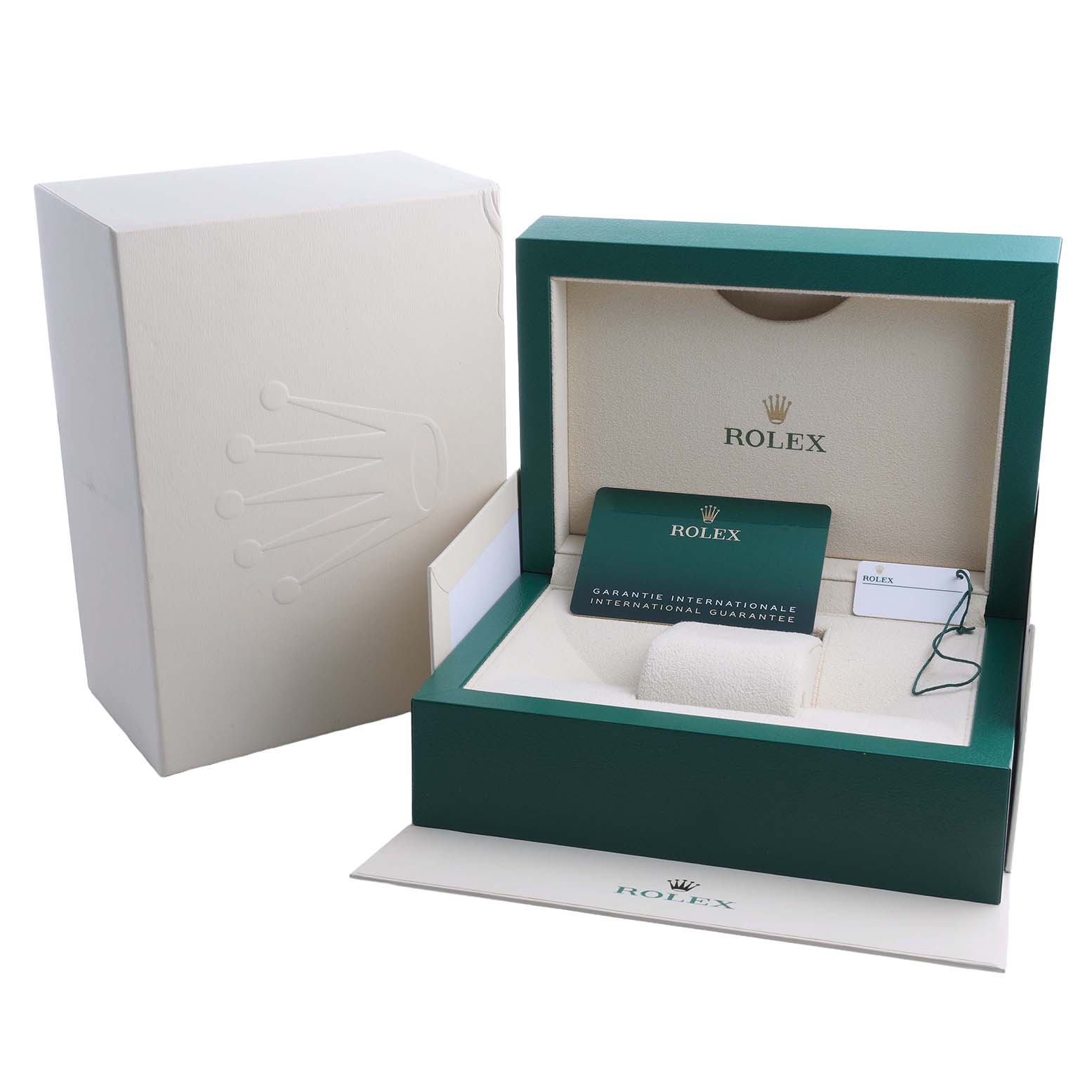 The image shows the Rolex GMT-Master M126710GRNR-0003 Men's Stainless Steel Black Dial watch's open box, warranty card, and papers from a front angle.