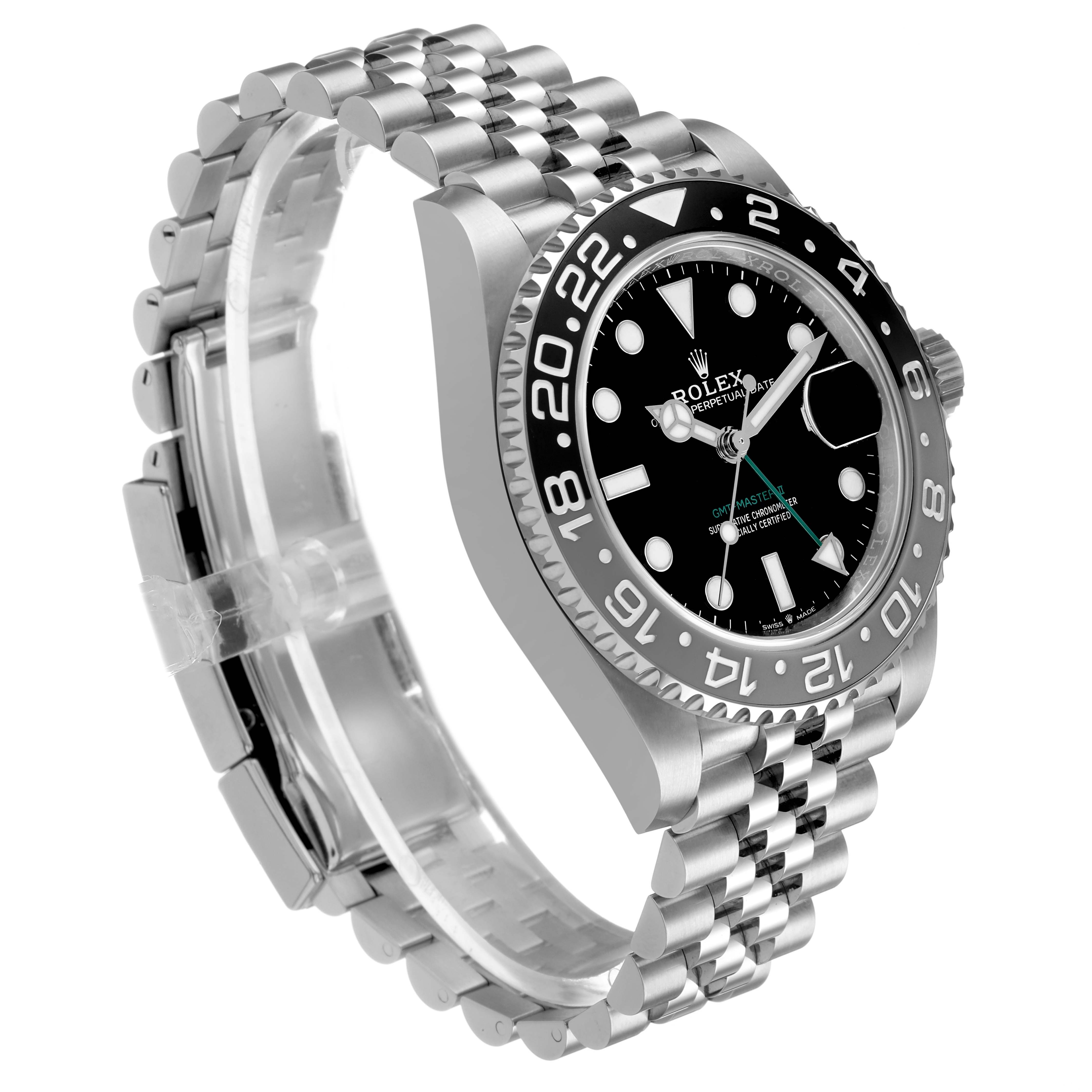 The Rolex GMT-Master M126710GRNR-0003 Men's Stainless Steel Black Dial watch is shown from a three-quarter angle, highlighting the bezel, dial, crown, and stainless steel bracelet.