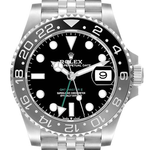 The Rolex GMT-Master M126710GRNR-0003 Men's Stainless Steel Black Dial model is shown from a front angle, highlighting the bezel, dial, hands, and crown.