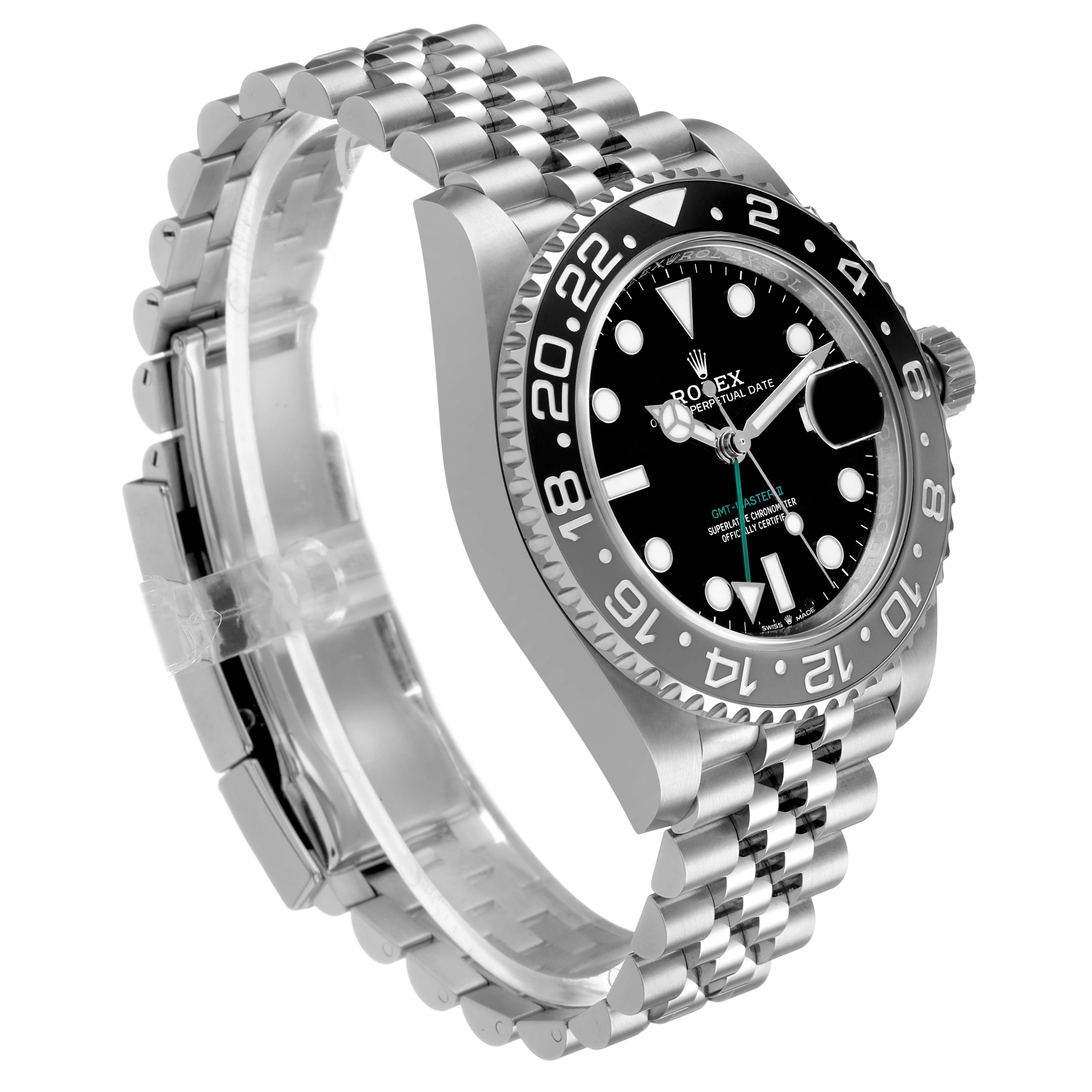 The image shows a side view of a Rolex GMT-Master M126710GRNR-0003 Men's Stainless Steel Black Dial with its bezel, dial, bracelet, and crown visible.