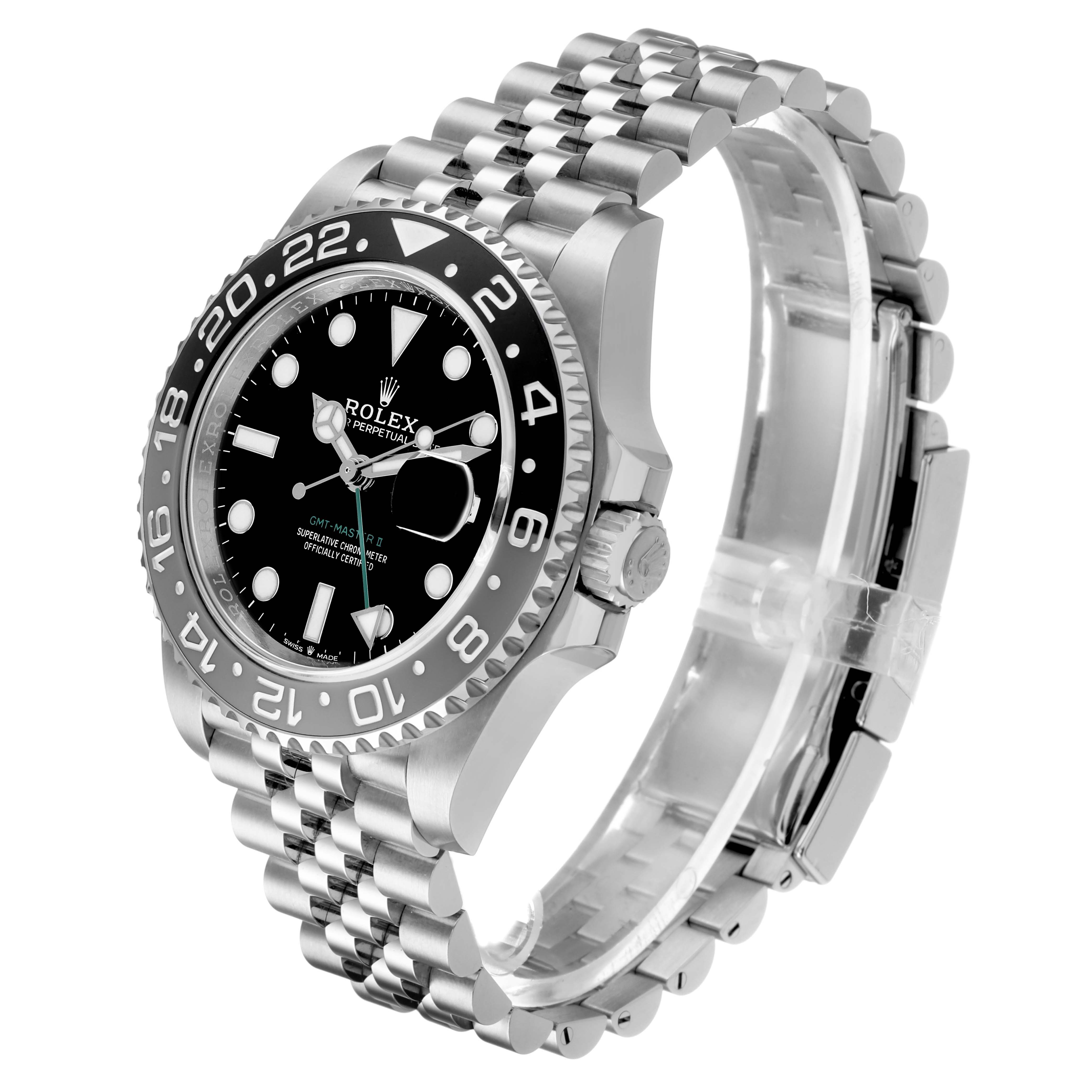 The Rolex GMT-Master M126710GRNR-0003 Men's Stainless Steel Black Dial watch is shown at an angled side view, highlighting the bezel, dial, case, and Jubilee bracelet.