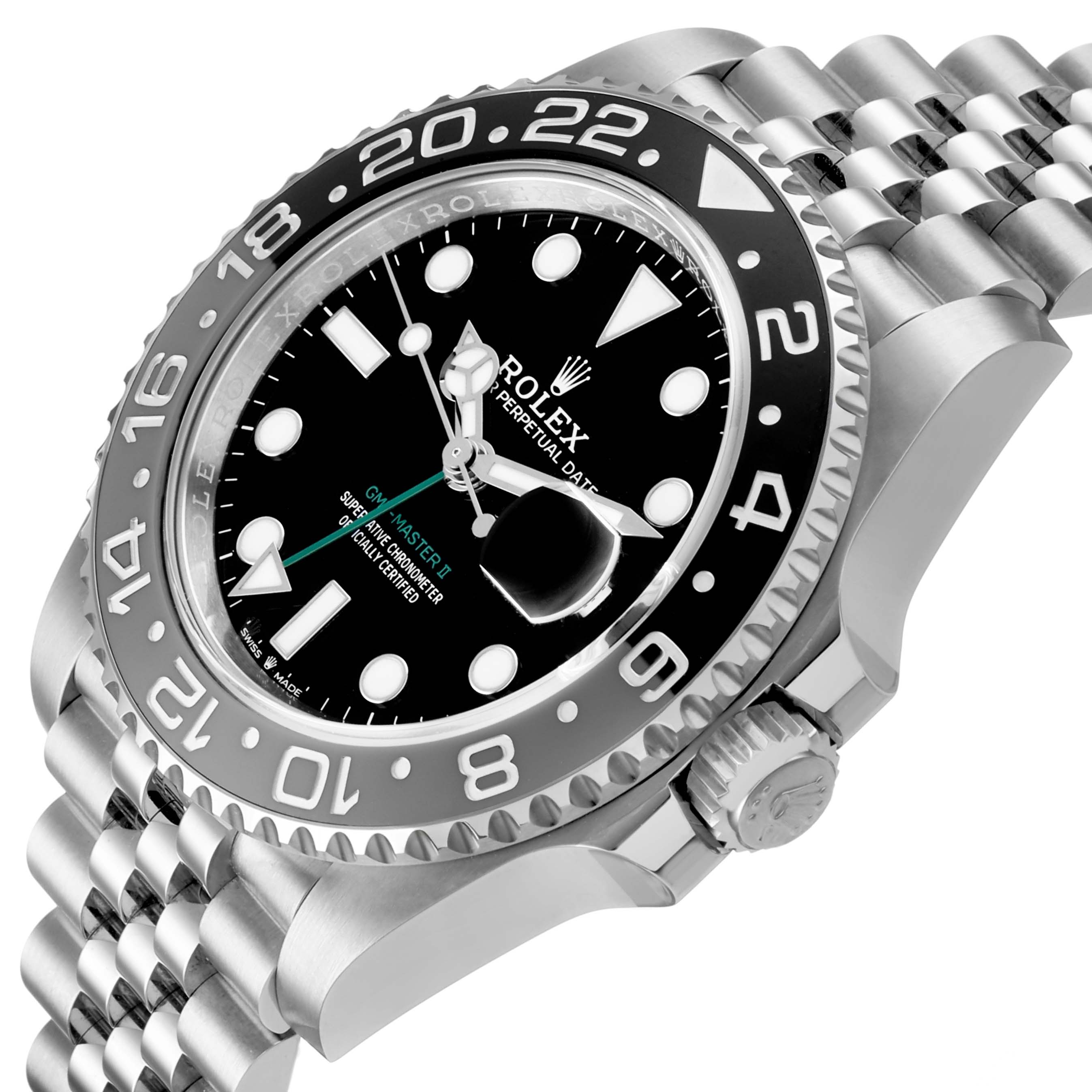 The image shows a Rolex GMT-Master M126710GRNR-0003 Men's Stainless Steel Black Dial watch at an angled side view, highlighting the bezel, dial, crown, and Jubilee bracelet.