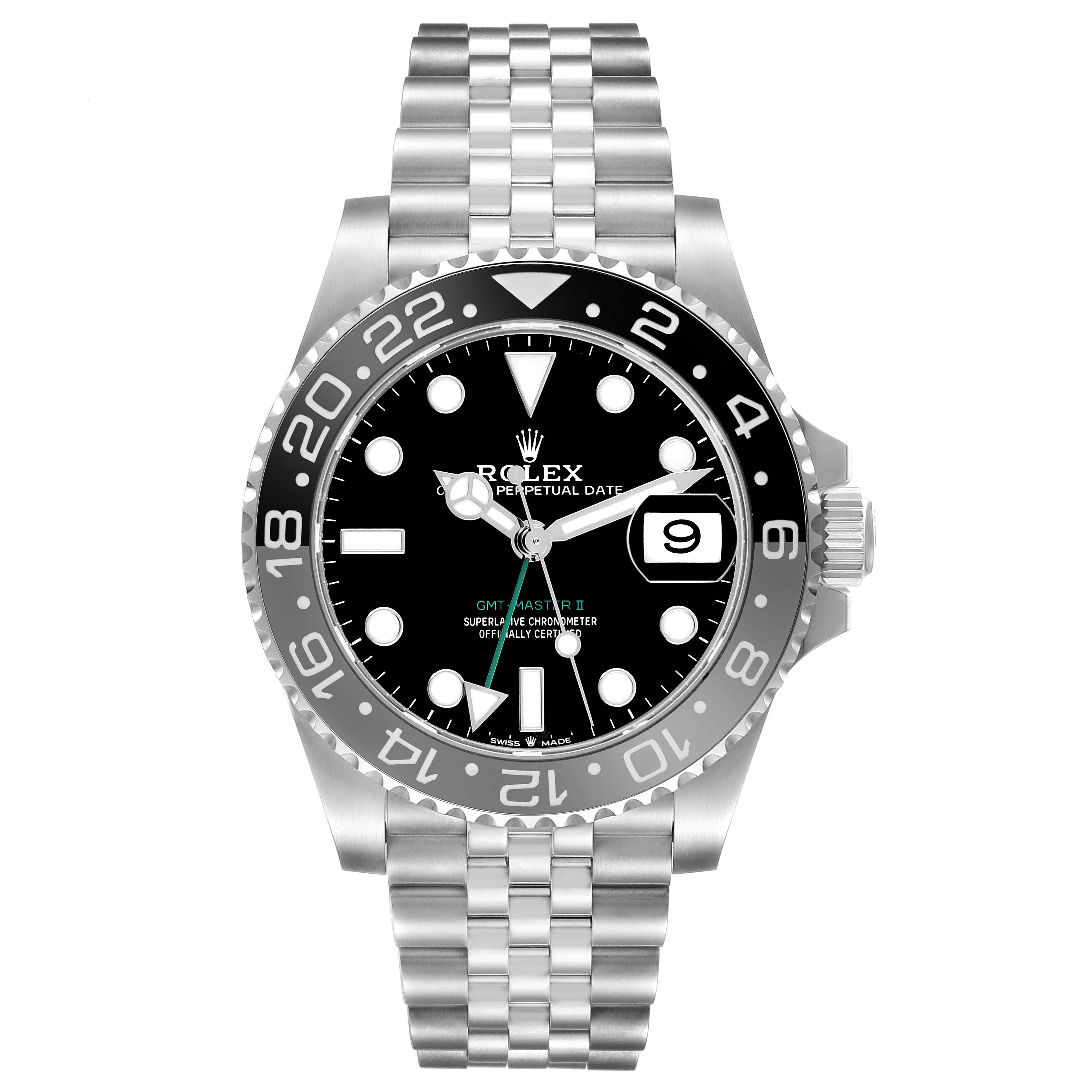 The Rolex GMT-Master M126710GRNR-0003 Men's Stainless Steel Black Dial watch is shown from a front angle, displaying the bezel, dial, and bracelet.