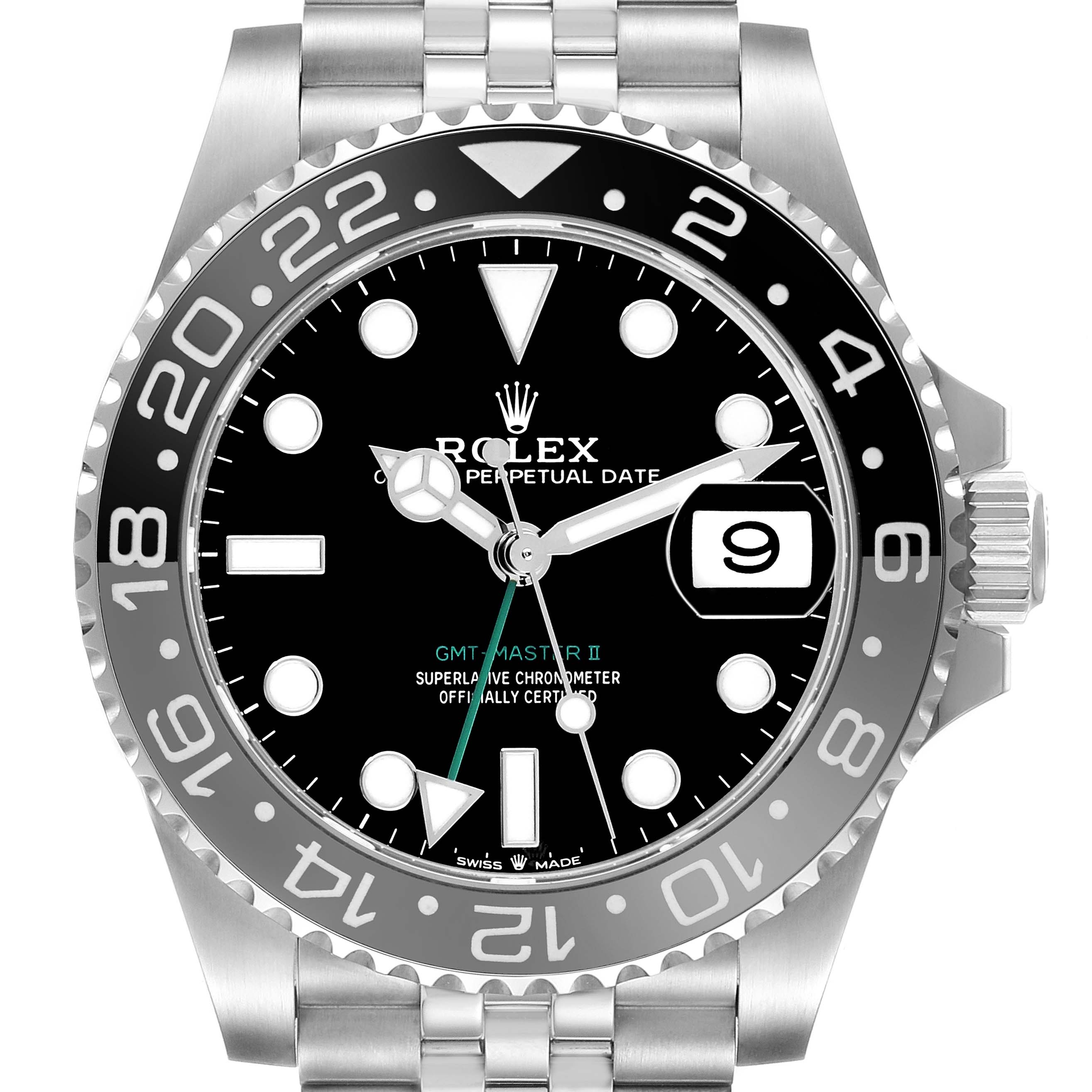 The Rolex GMT-Master M126710GRNR-0003 Men's Stainless Steel Black Dial watch is shown from the front, highlighting the dial, bezel, and bracelet.