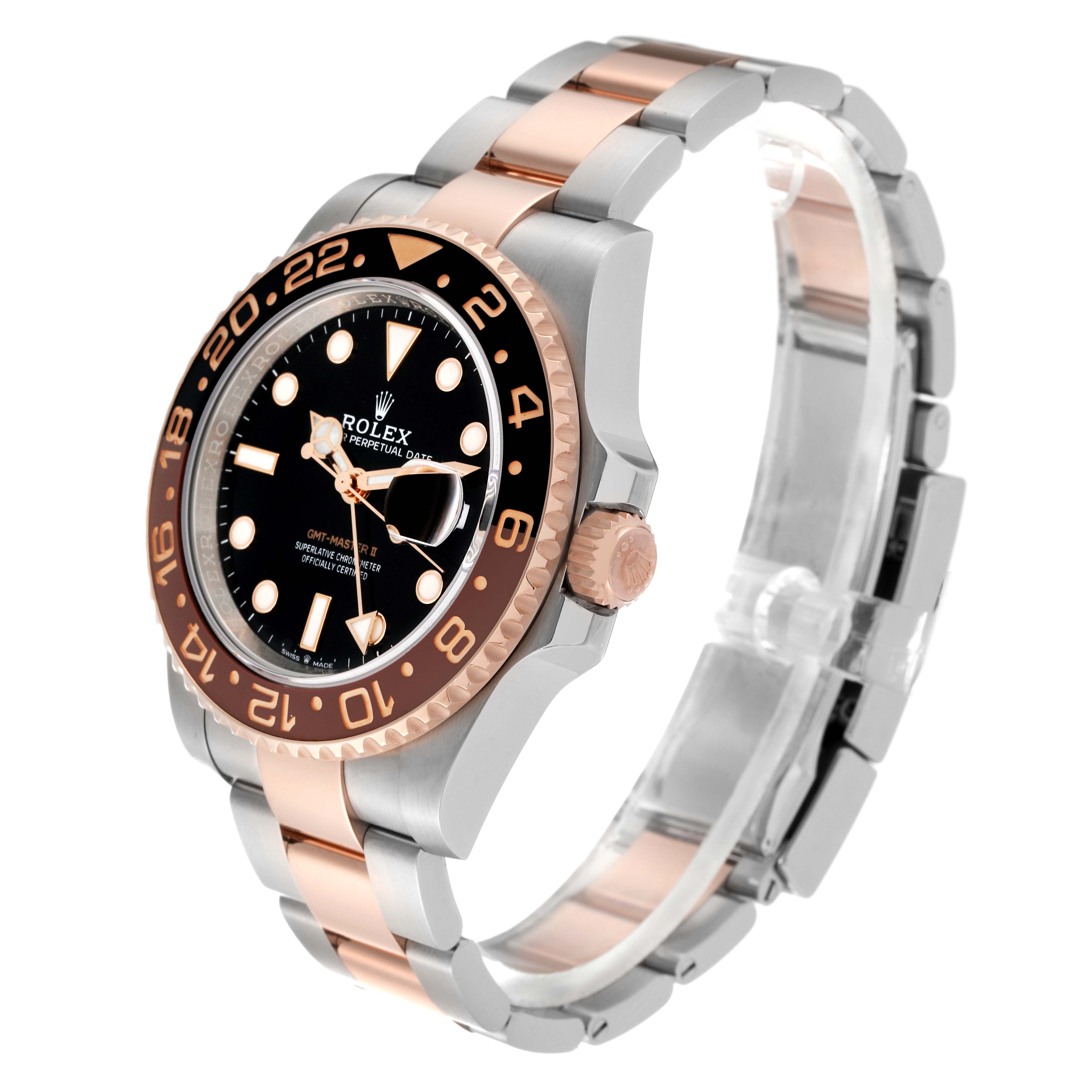 The image shows the Rolex GMT-Master 126711CHNR Men's Steel and Gold (two tone) Black Dial 126711CHNR Men's Steel and Gold (two tone) Black Dial watch from a 3/4 angle view, highlighting the dial, bezel, and part of the bracelet.