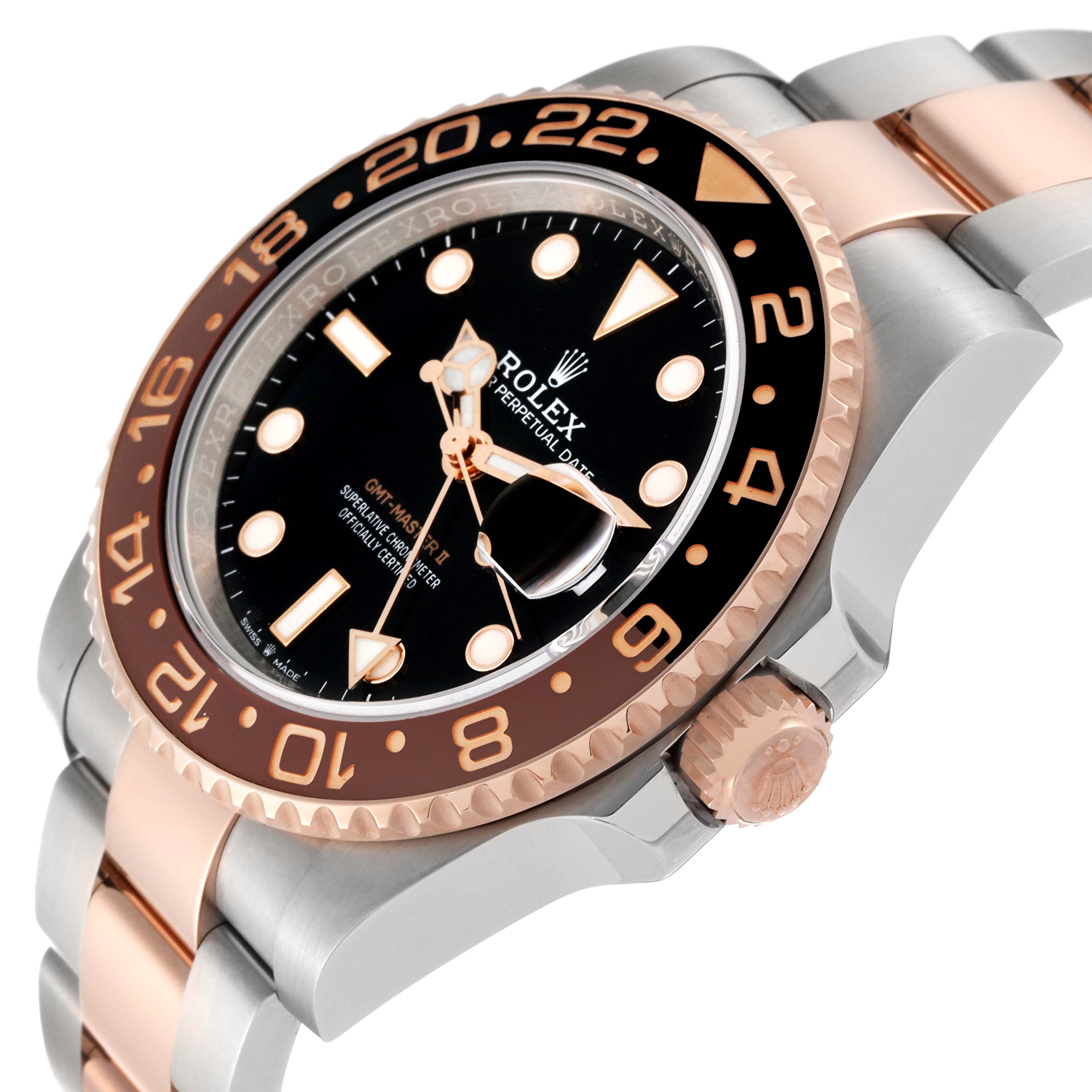 This image shows a Rolex GMT-Master 126711CHNR Men's Steel and Gold (two tone) Black Dial 126711CHNR Men's Steel and Gold (two tone) Black Dial watch at a three-quarter front angle, highlighting the bezel, crown, and part of the bracelet.