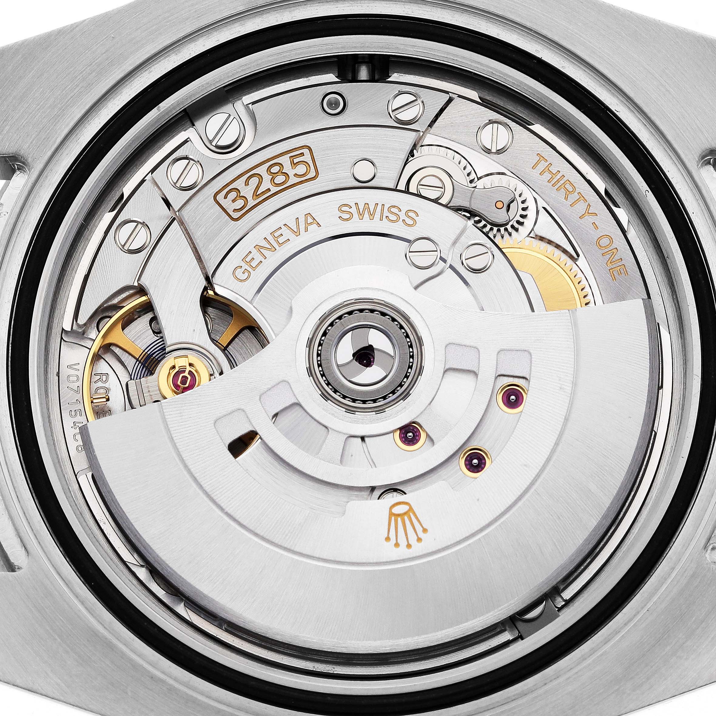 This image shows the movement mechanism of a Rolex GMT-Master 126711CHNR Men's Steel and Gold (two tone) Black Dial 126711CHNR Men's Steel and Gold (two tone) Black Dial watch, highlighting the intricate components inside.