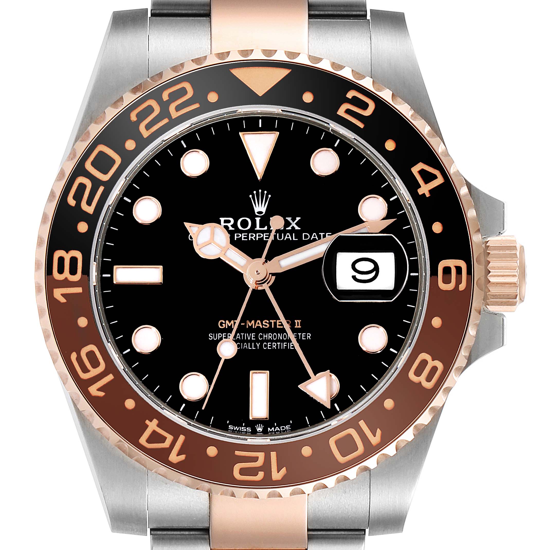 This is a front view of the Rolex GMT-Master 126711CHNR Men's Steel and Gold (two tone) Black Dial 126711CHNR Men's Steel and Gold (two tone) Black Dial II watch, showing the dial, bezel, and part of the bracelet.