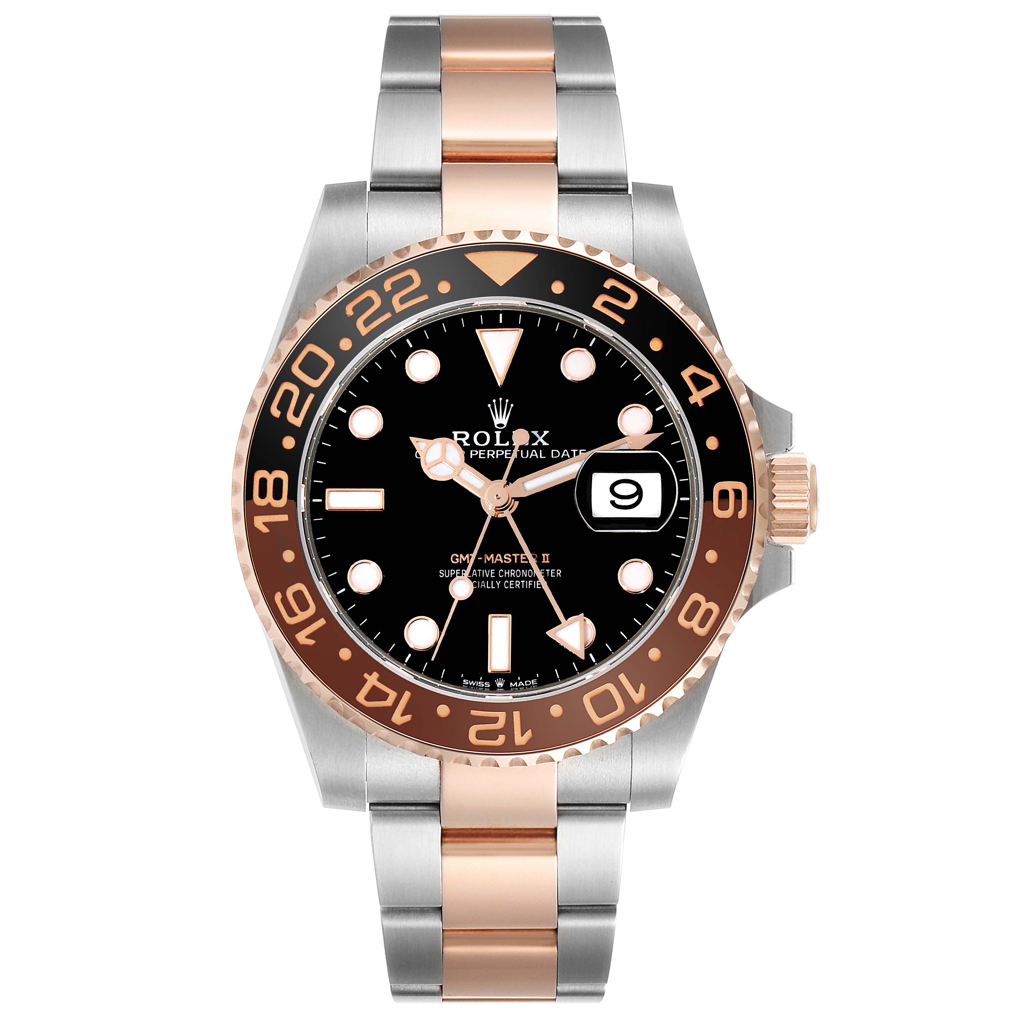 The Rolex GMT-Master 126711CHNR Men's Steel and Gold (two tone) Black Dial 126711CHNR Men's Steel and Gold (two tone) Black Dial watch is shown from the front, displaying its black dial, bi-color bezel, and two-tone metal bracelet.