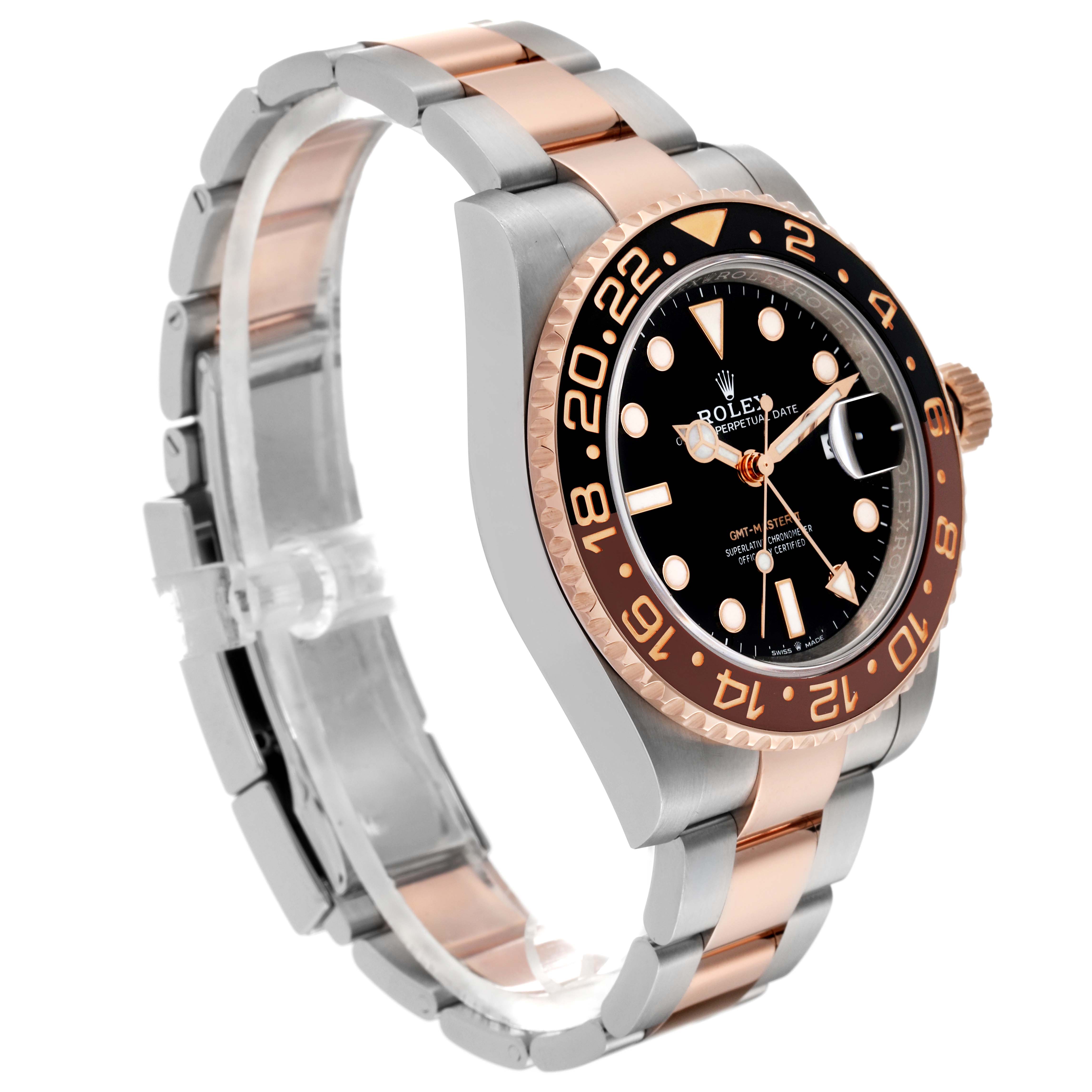 The image shows a Rolex GMT-Master 126711CHNR Men's Steel and Gold (two tone) Black Dial 126711CHNR Men's Steel and Gold (two tone) Black Dial watch at a three-quarter angle, highlighting its bezel, dial, and two-tone metal strap.