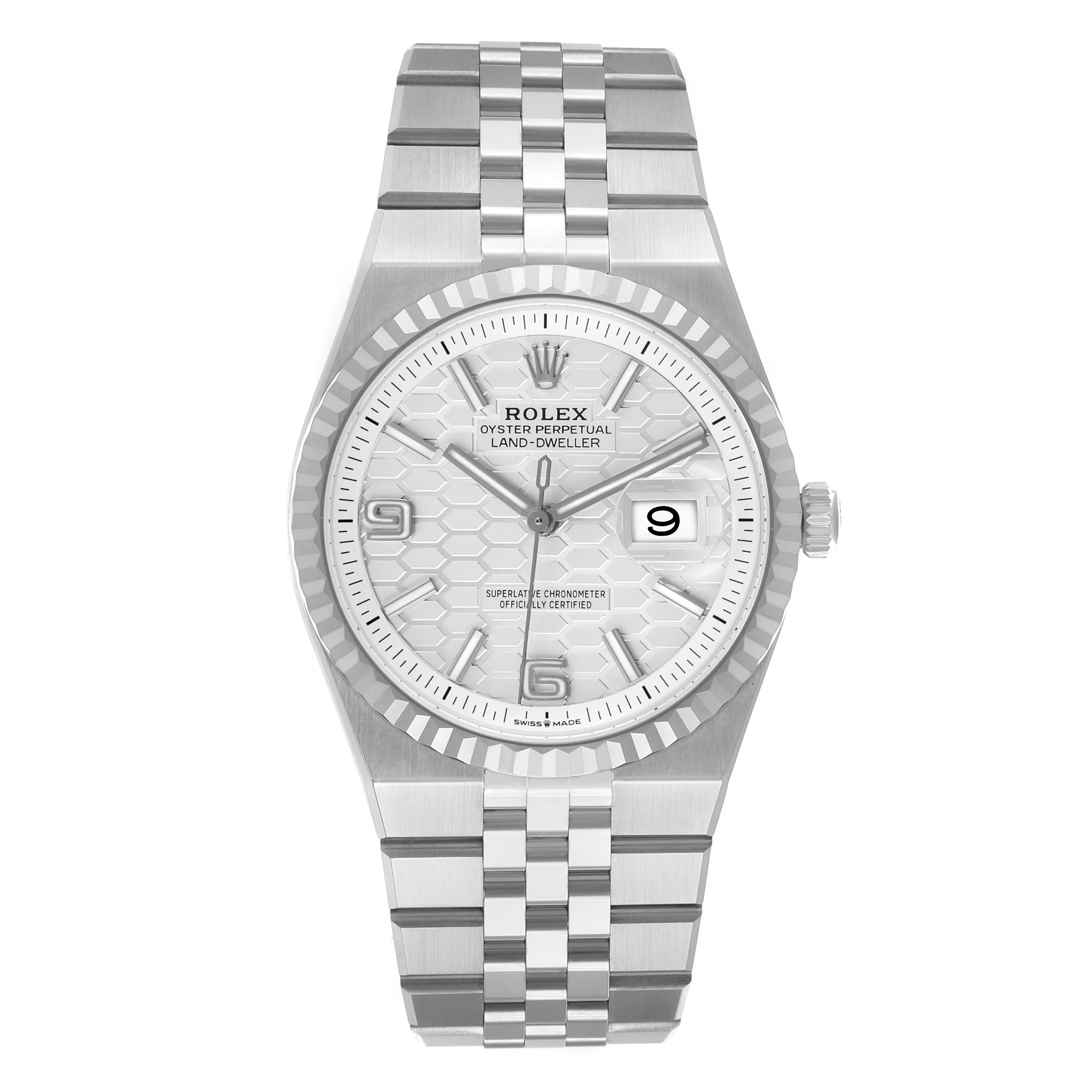 The Rolex Land‑Dweller 127234 Men's Stainless Steel White Dial watch is shown from the front, displaying the face, bezel, crown, and bracelet.