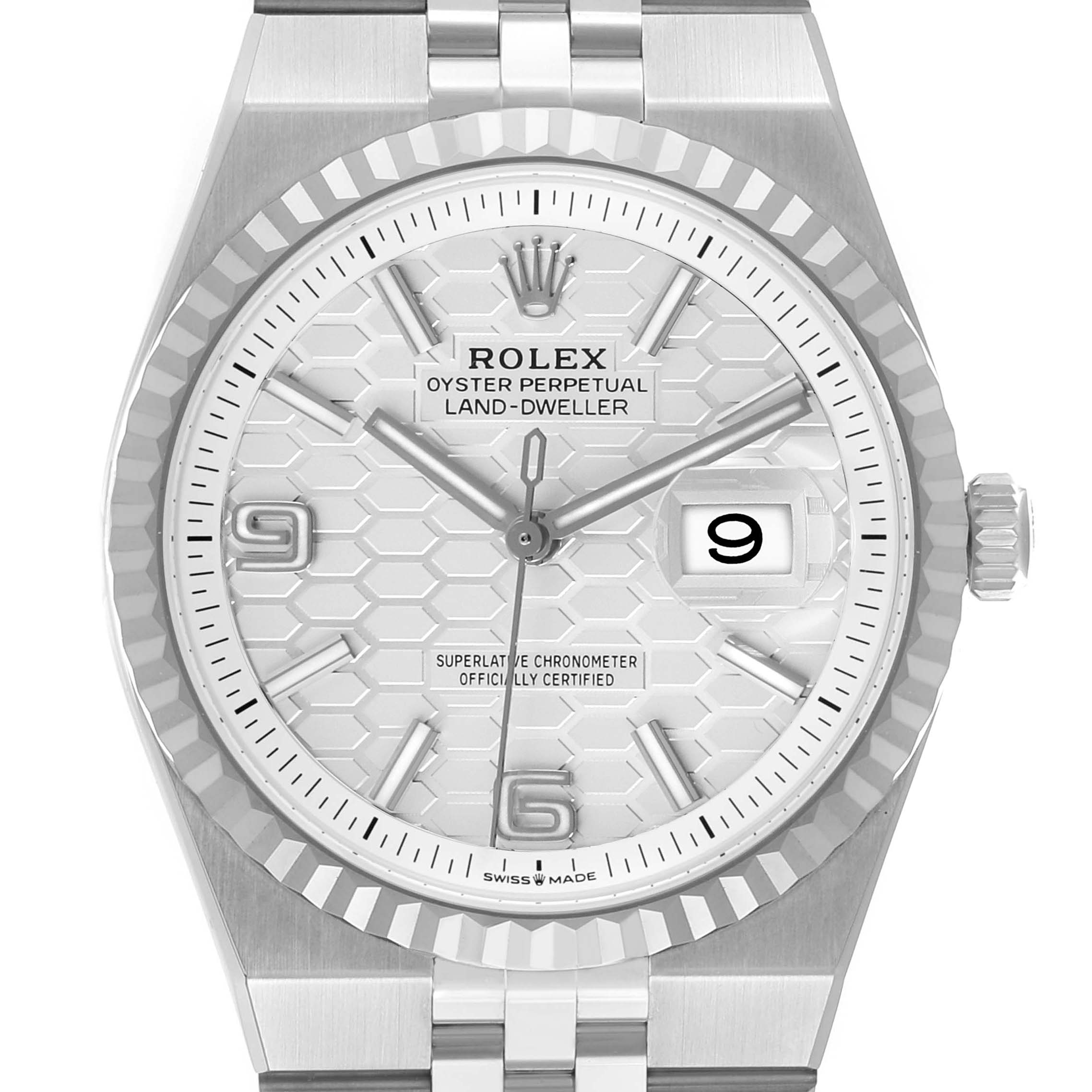 The Rolex Land‑Dweller 127234 Men's Stainless Steel White Dial watch is shown from the front, displaying its face, bezel, crown, and part of the bracelet.
