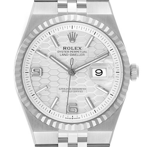 The image shows a front view of a Rolex Land‑Dweller 127234 Men's Stainless Steel White Dial watch, highlighting its face, bezel, and part of the bracelet.