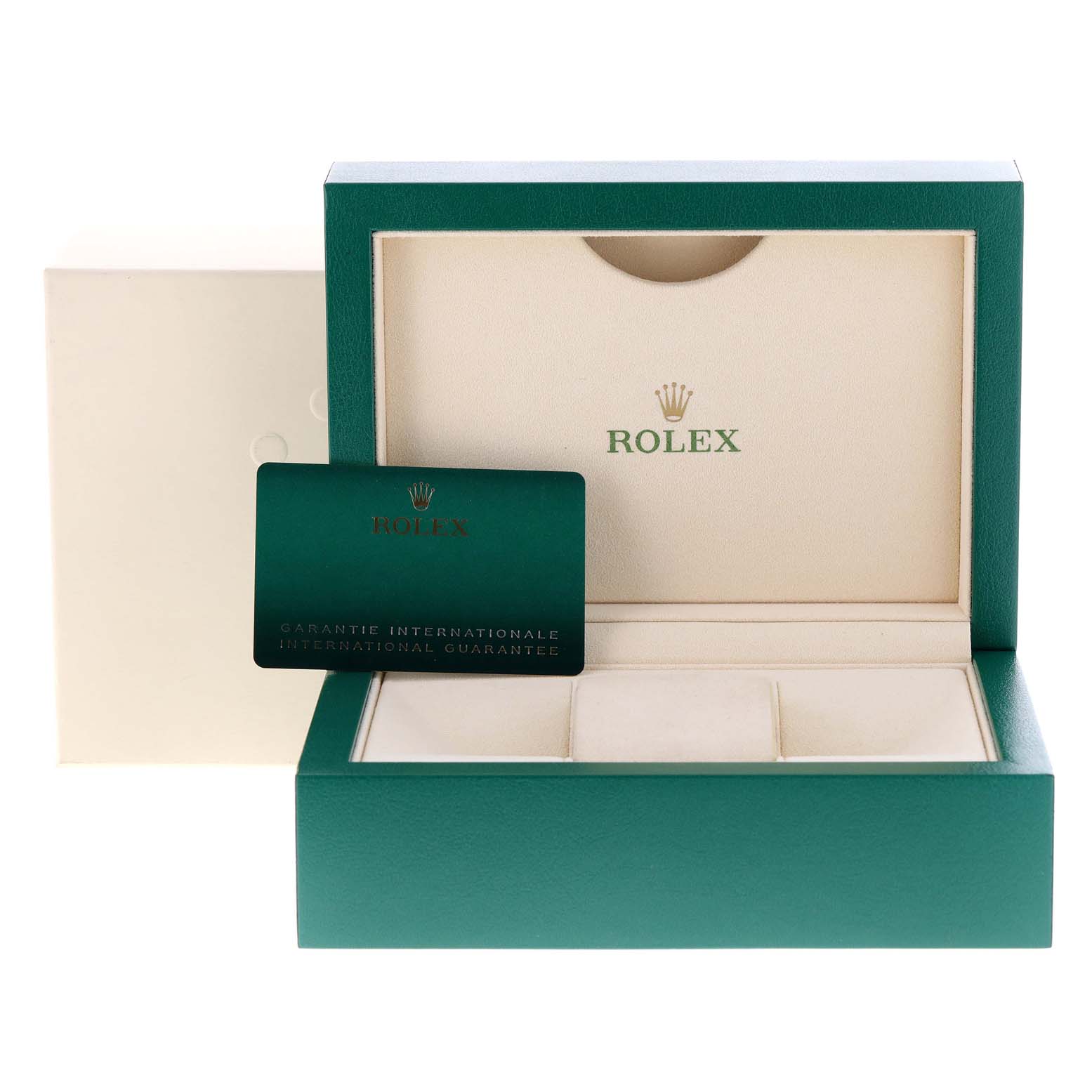 The image shows a green and beige Rolex Oyster Perpetual 124300 Men
s Stainless Steel Blue Dial 124300 Men
s Stainless Steel Blue Dial watch box and the international guarantee card.