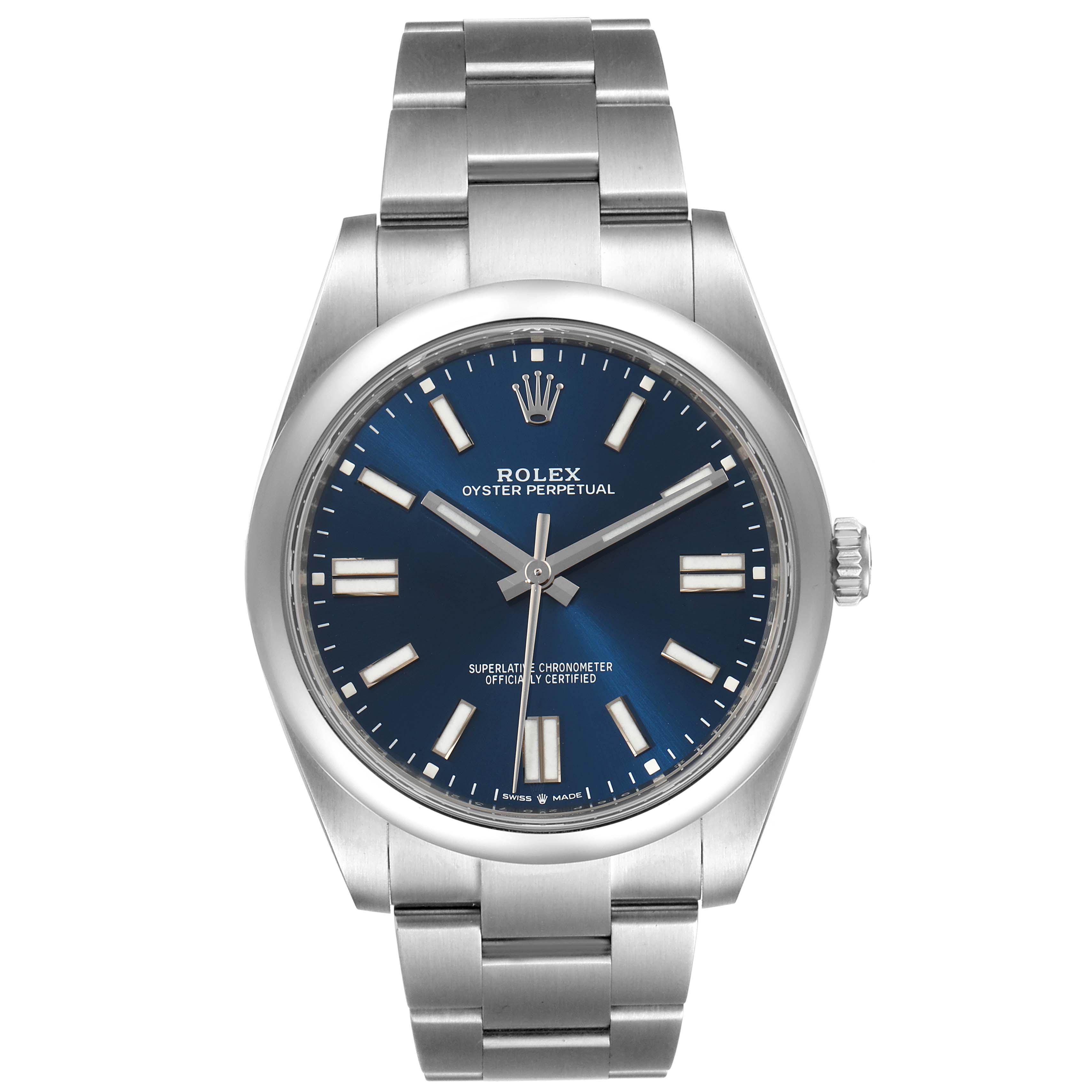 The image shows the front view of a Rolex Oyster Perpetual 124300 Men
s Stainless Steel Blue Dial 124300 Men
s Stainless Steel Blue Dial watch with a blue dial and silver bracelet.