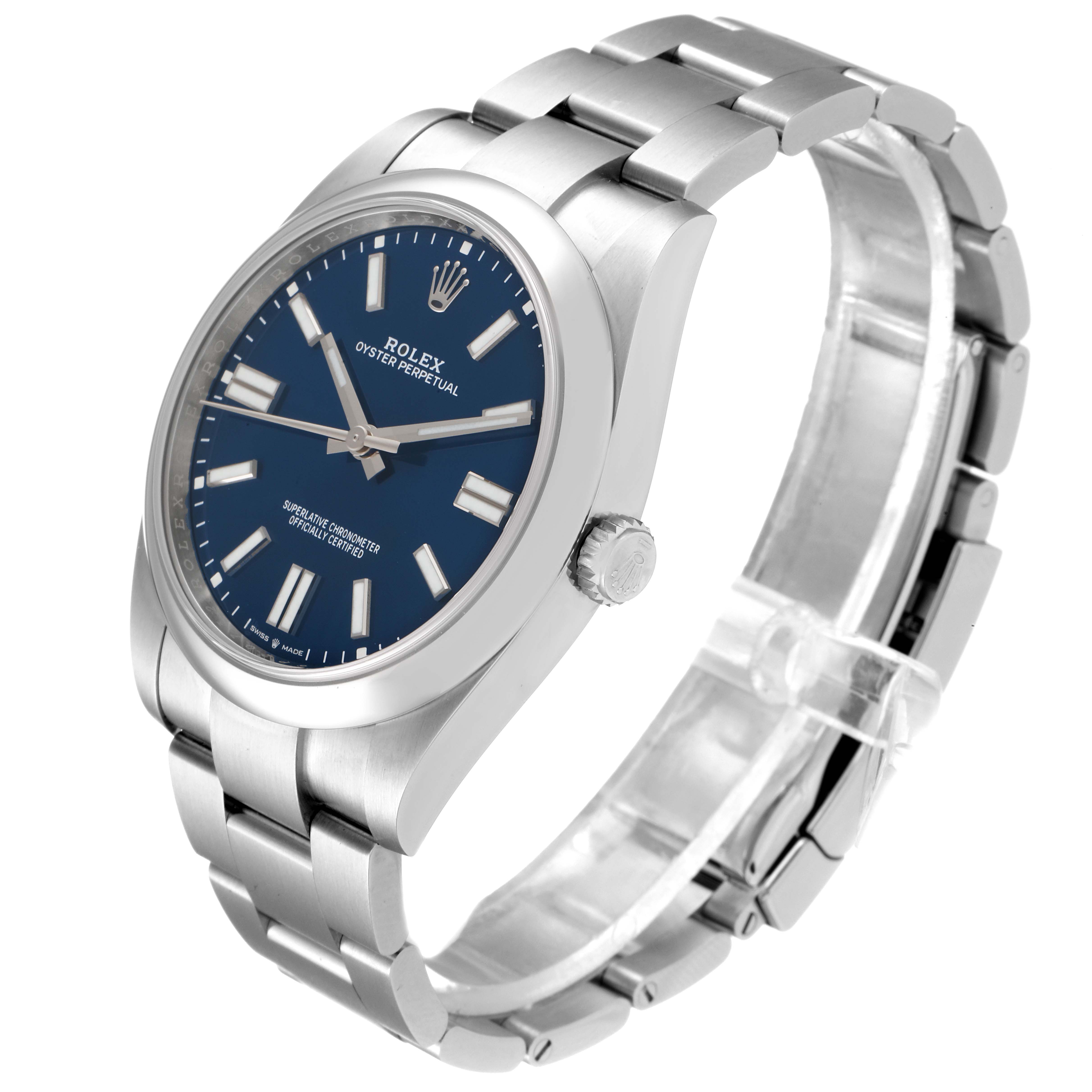 This Rolex Oyster Perpetual 124300 Men
s Stainless Steel Blue Dial 124300 Men
s Stainless Steel Blue Dial watch is shown at an angled side view, displaying the dial, crown, and bracelet.